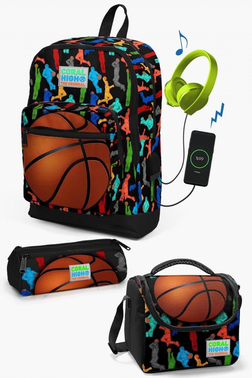 Coral High Kids Siyah Basketbol Desenli USB'li 3lü Okul Çanta Seti - Erkek Çocuk