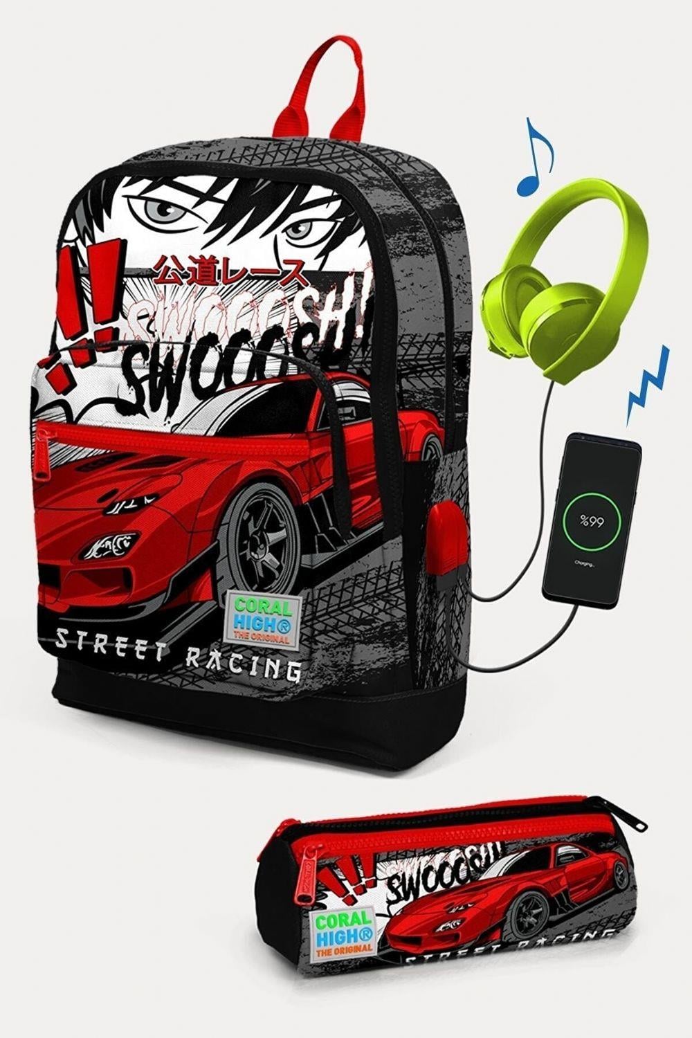 Coral High Kids Siyah Kırmızı Anime Araba Desenli USB'li 2'li Okul Çanta Seti - Erkek