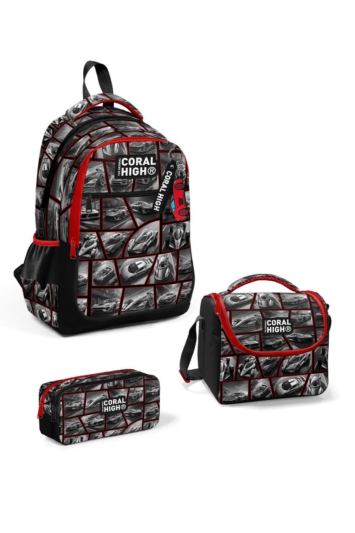 Coral High Kids Siyah Kırmızı Araba Desenli 3'lü Okul Çanta Seti SET0114429 - Erkek