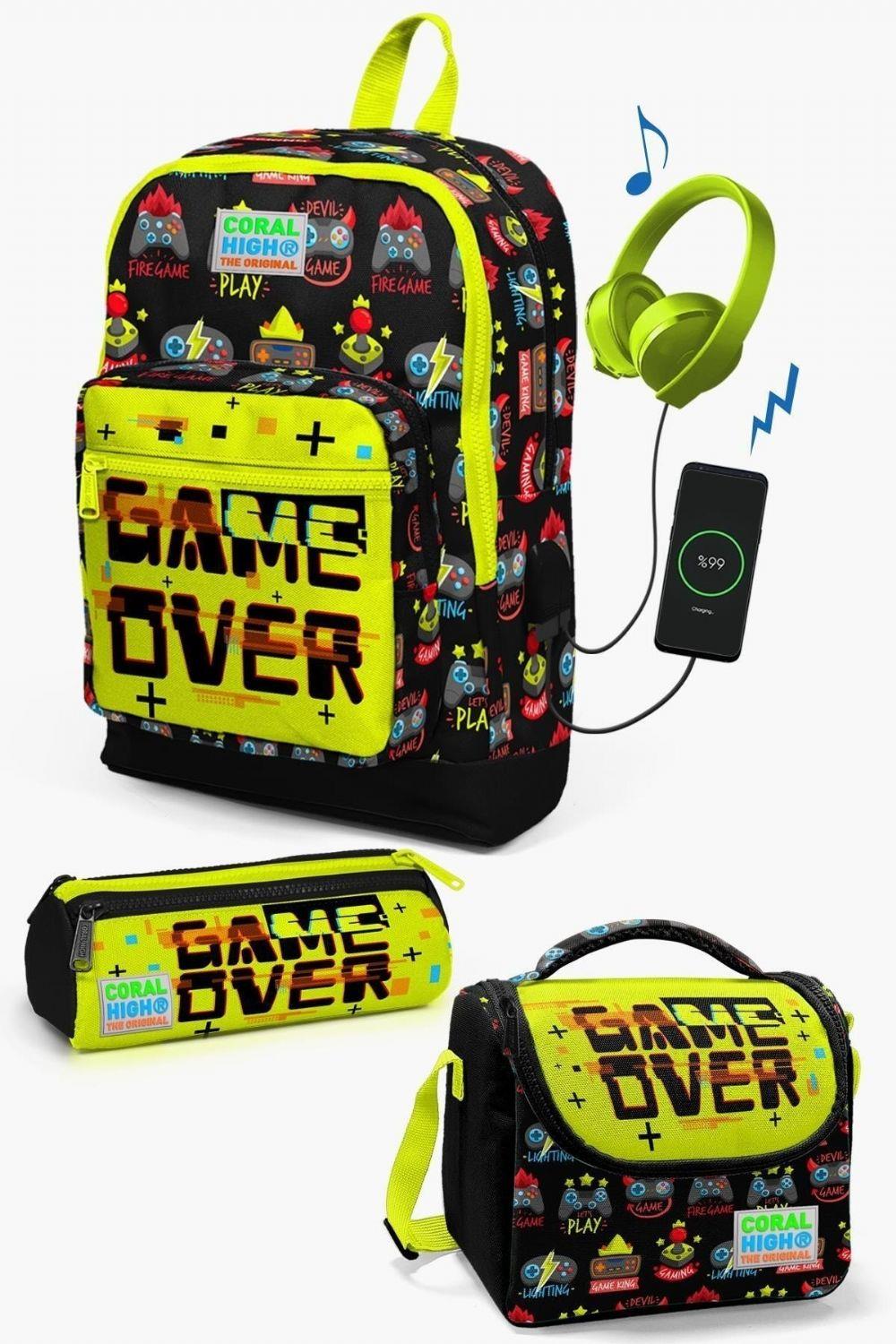 Coral High Kids Siyah Neon Sarı Game Over Desenli USB'li 3lü Okul Çanta Seti - Erkek