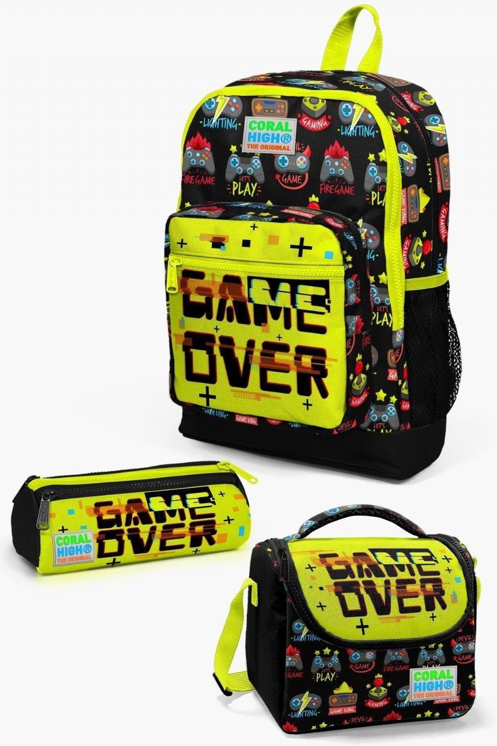 Coral High Kids Siyah Neon Sarı Game Over Desenli 3lü Erkek Çocuk İlkokul Çantası Takımı