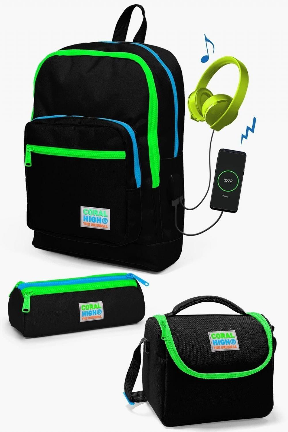 Coral High Kids Siyah USB'li 3lü Okul Çanta Seti - Erkek Çocuk
