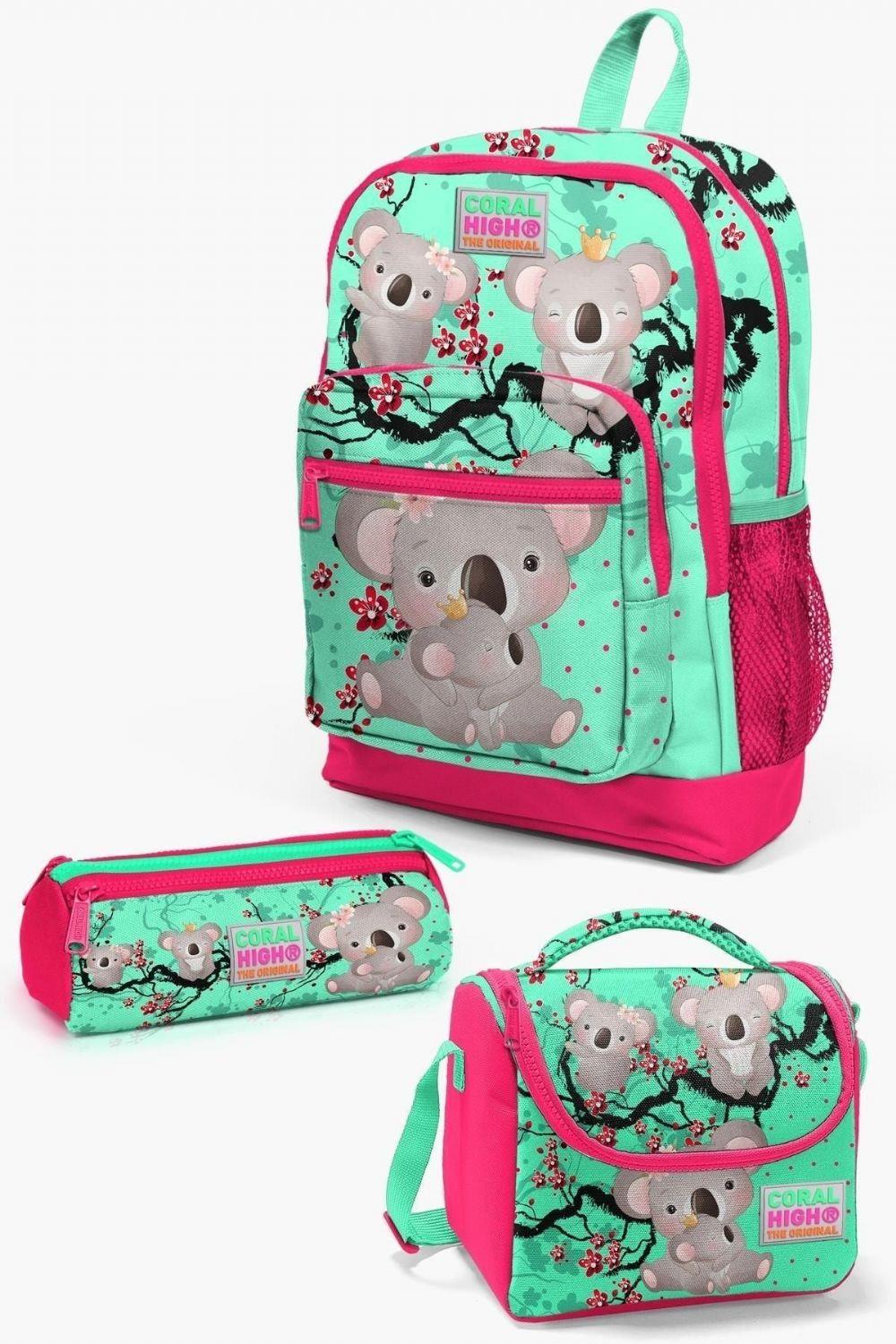 Coral High Kids Su Yeşili Neon Mercan Koala Desenli 3lü İlkokul Çanta Seti - Kız Çocuk
