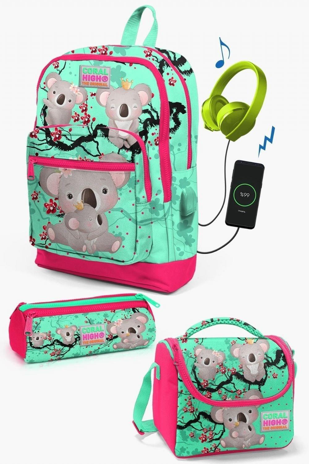 Coral High Kids Su Yeşili Neon Mercan Koala Desenli USB'li 3lü Okul Çanta Seti - Kız