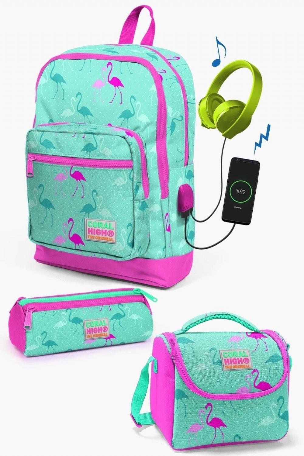 Coral High Kids Su Yeşili Neon Pembe Flamingo Desenli USB'li 3lü Okul Çanta Seti - Kız Çocuk