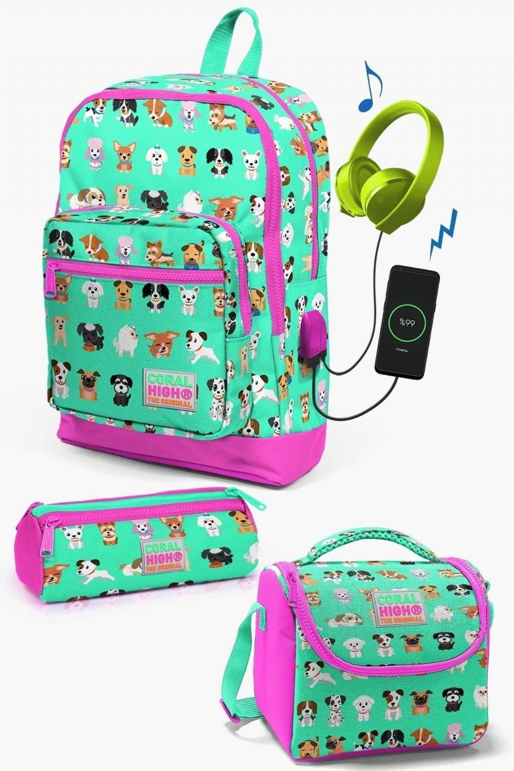 Coral High Kids Su Yeşili Neon Pembe Köpek Desenli USB'li 3lü Okul Çanta Seti - Kız Çocuk