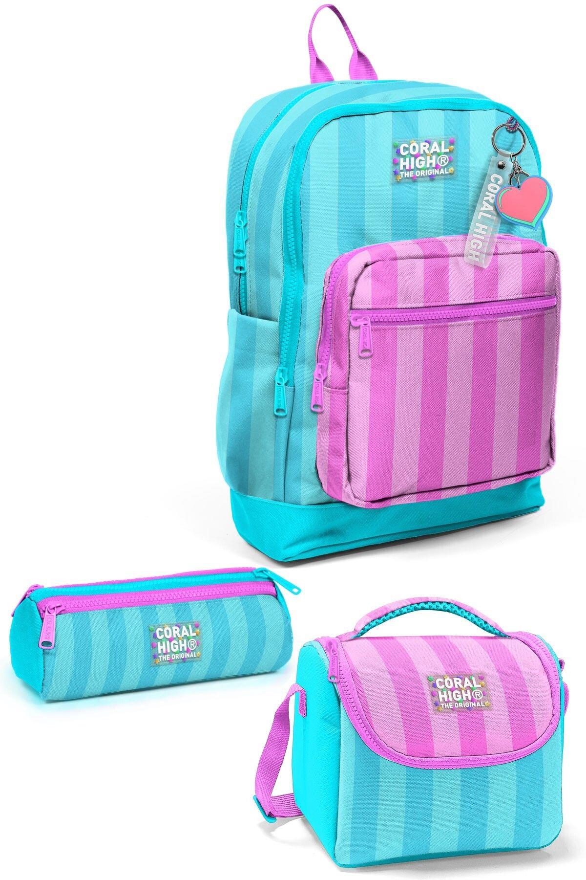Coral High Kids Turkuaz Pembe Çizgili 3'lü Okul Çanta Seti SET0123771 - Kız