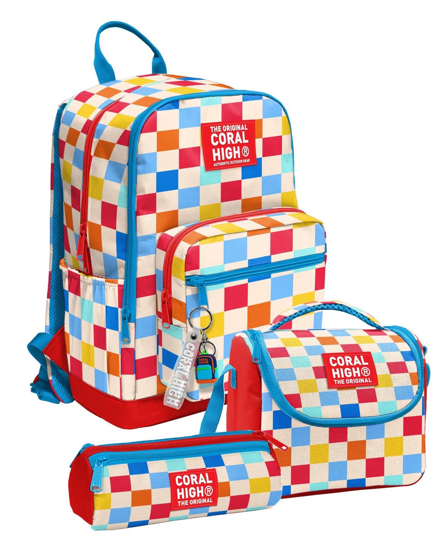 Coral High Kırmızı Çok Renkli Dama Desenli Kız Çocuk İlkokul ve Ortaokul Üçlü Okul Çanta Seti SETYGN33225A