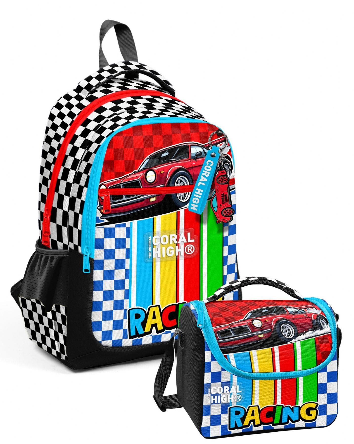 Coral High Kırmızı Racing Araba Baskılı Erkek Çocuk Okul Çantası ve Thermo Beslenme Çantası Seti