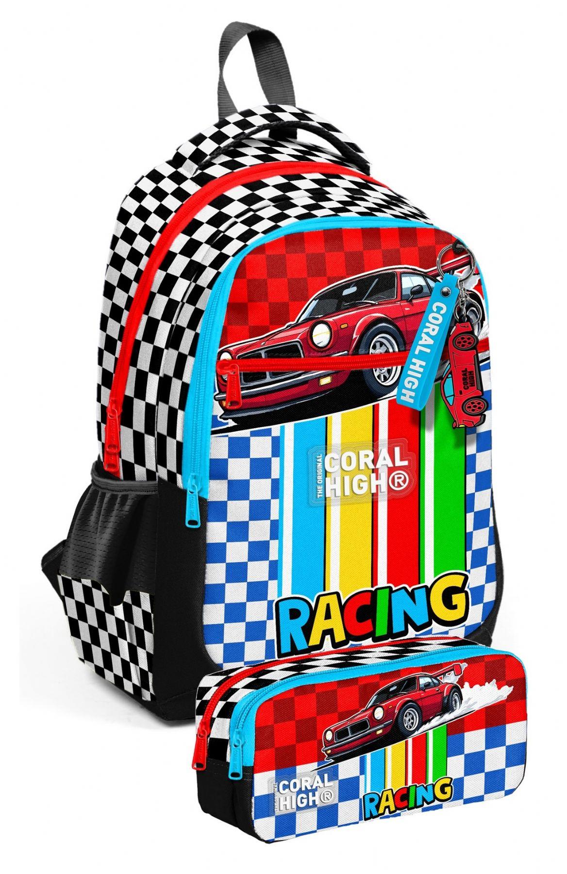 Coral High Kırmızı Racing Araba Baskılı Erkek Çocuk İlkokul Sırt Çantası ve Kalem Çantası Seti - SETYGN33257C