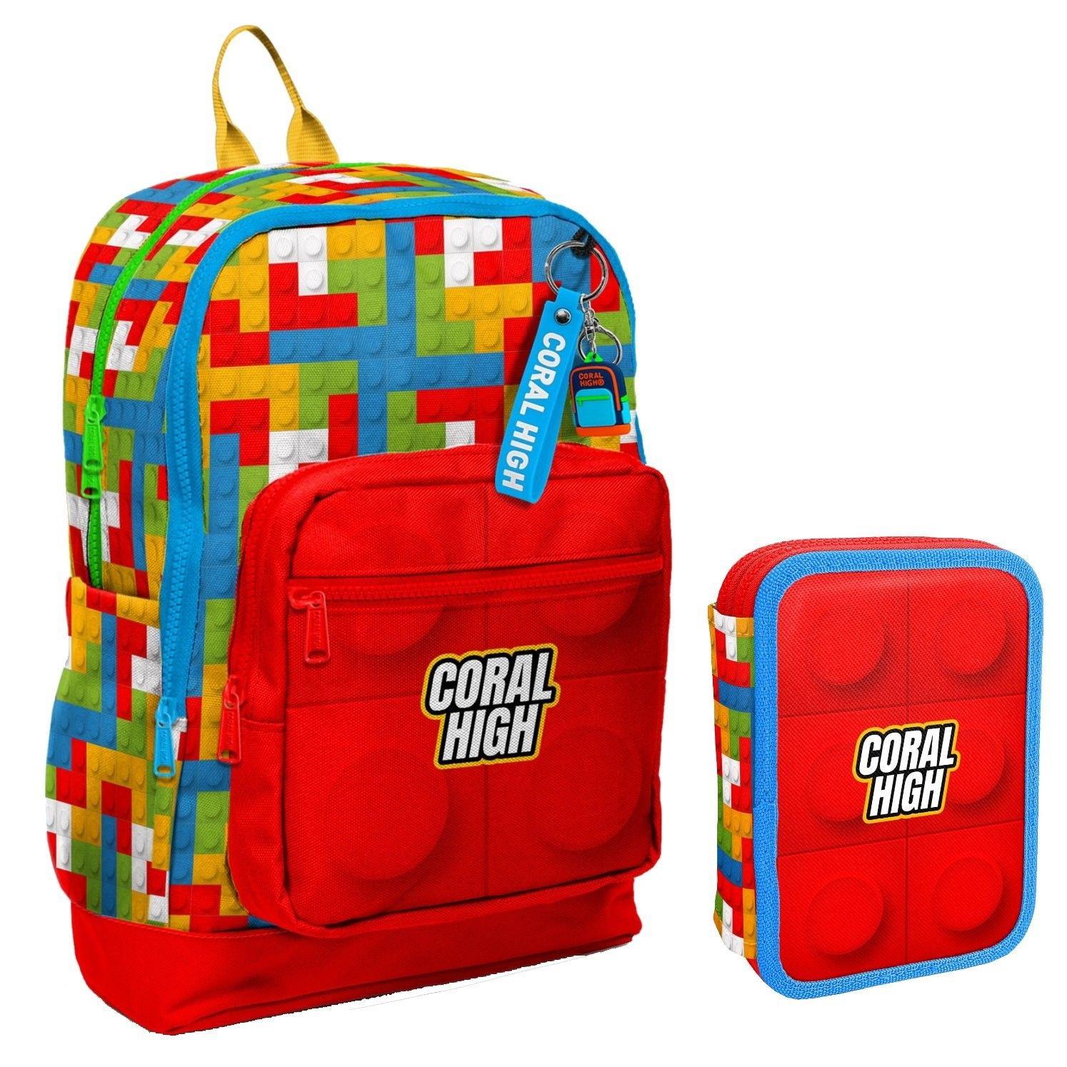 Coral High Kırmızı Yapı Blokları Erkek Çocuk Okul Çantası ve Organizer Kalemlik Seti 23775 11157