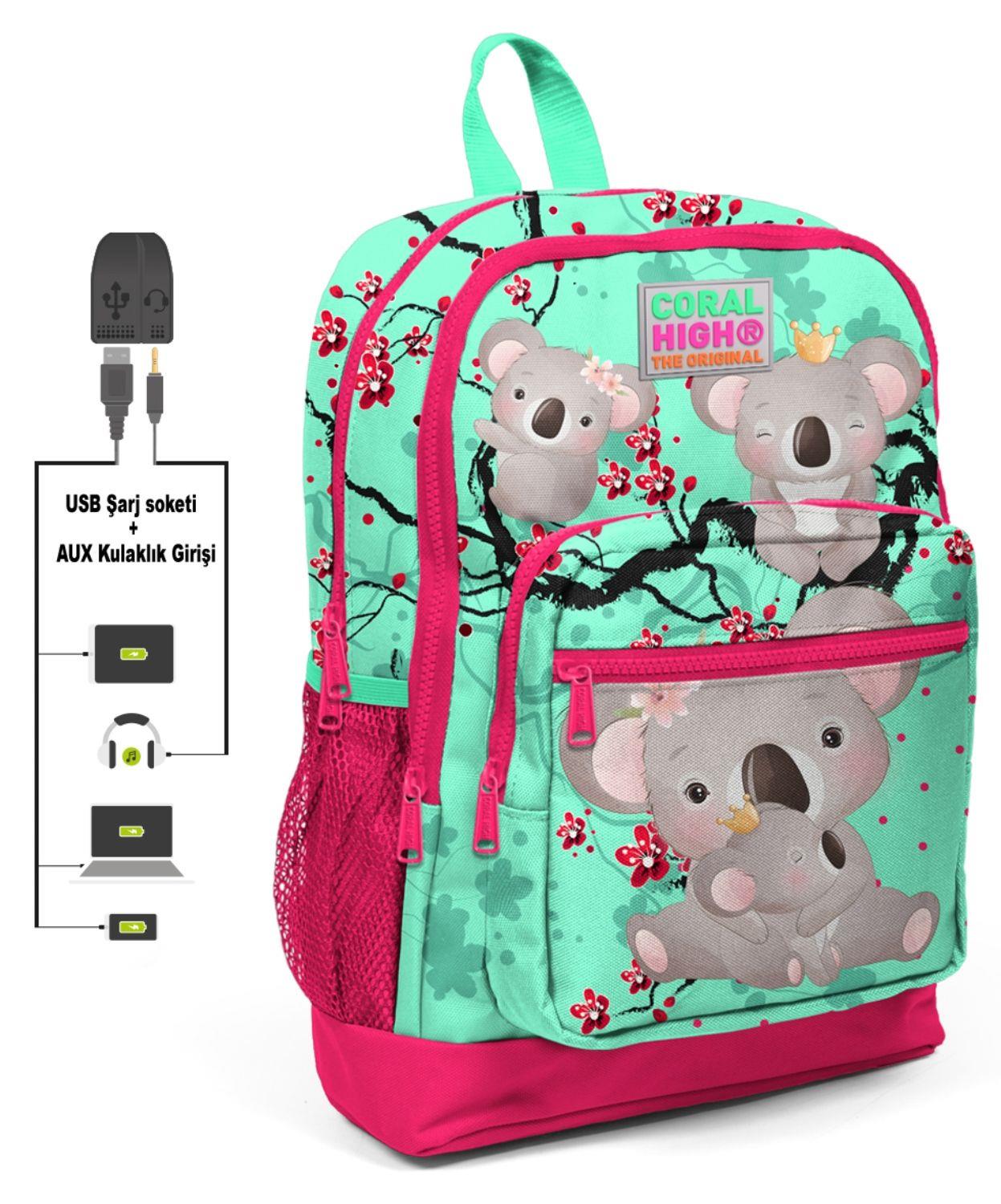 Coral High Kırmızı-Yeşil Koala Baskılı İlkokul ve Günlük Sırt Çantası - USB ve AUX Soketli