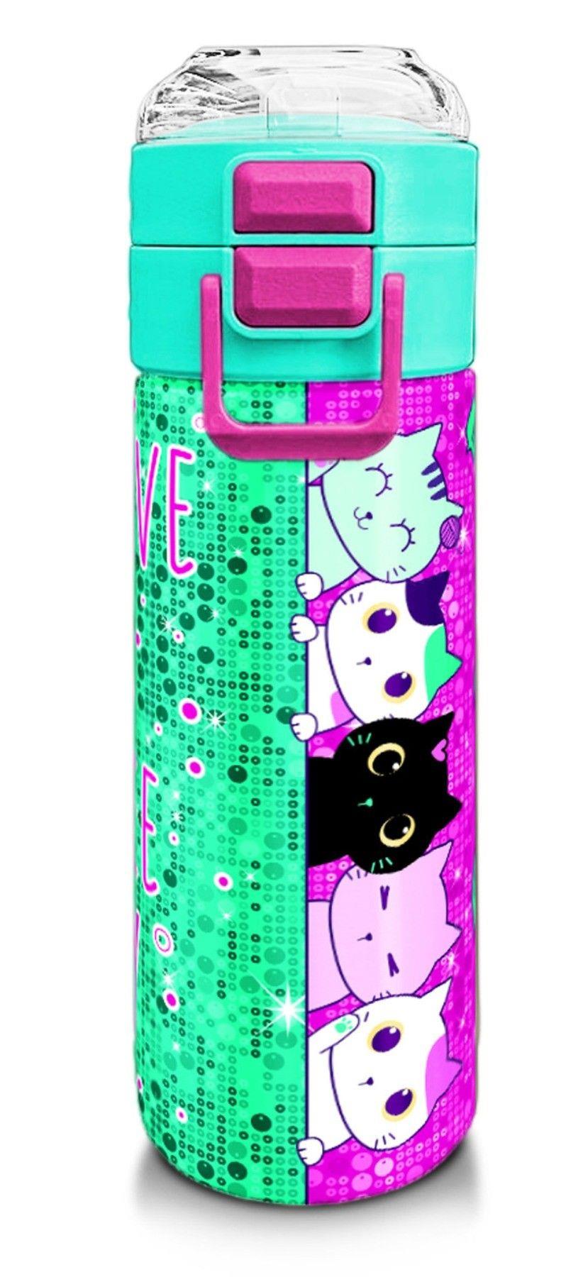 Coral High Kız Çocuk 500 ml Okul ve Günlük Paslanmaz Çelik Termos - Pembe Su Yeşili Kedi Desenli  - Sızdırmaz 31806