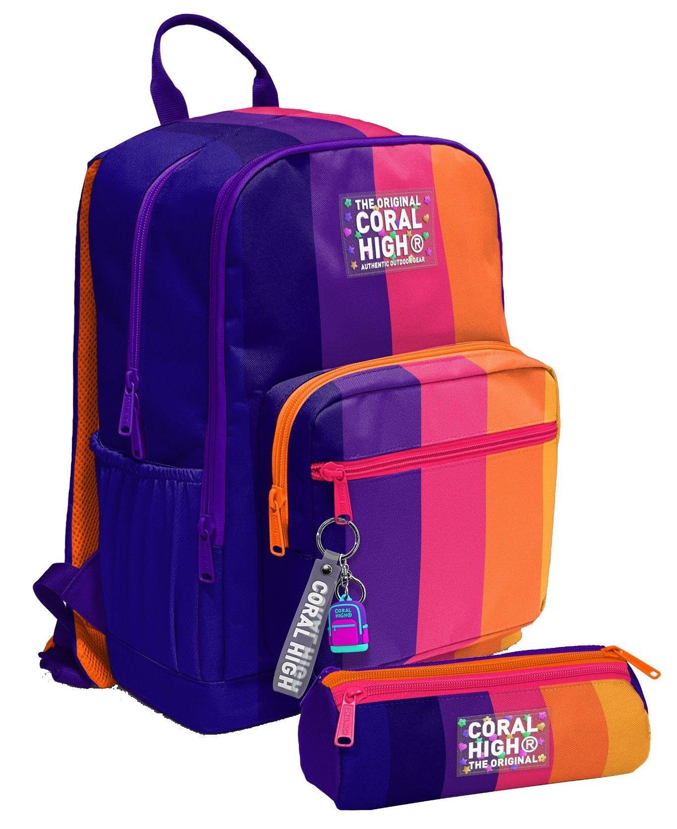 Coral High Kız Çocuk Dört Gözlü Okul Sırt Çantası ve  Kalemlik Seti - Mor Turuncu Renkli Çizgili - İlkokul ve Ortaokul İçin Uygun