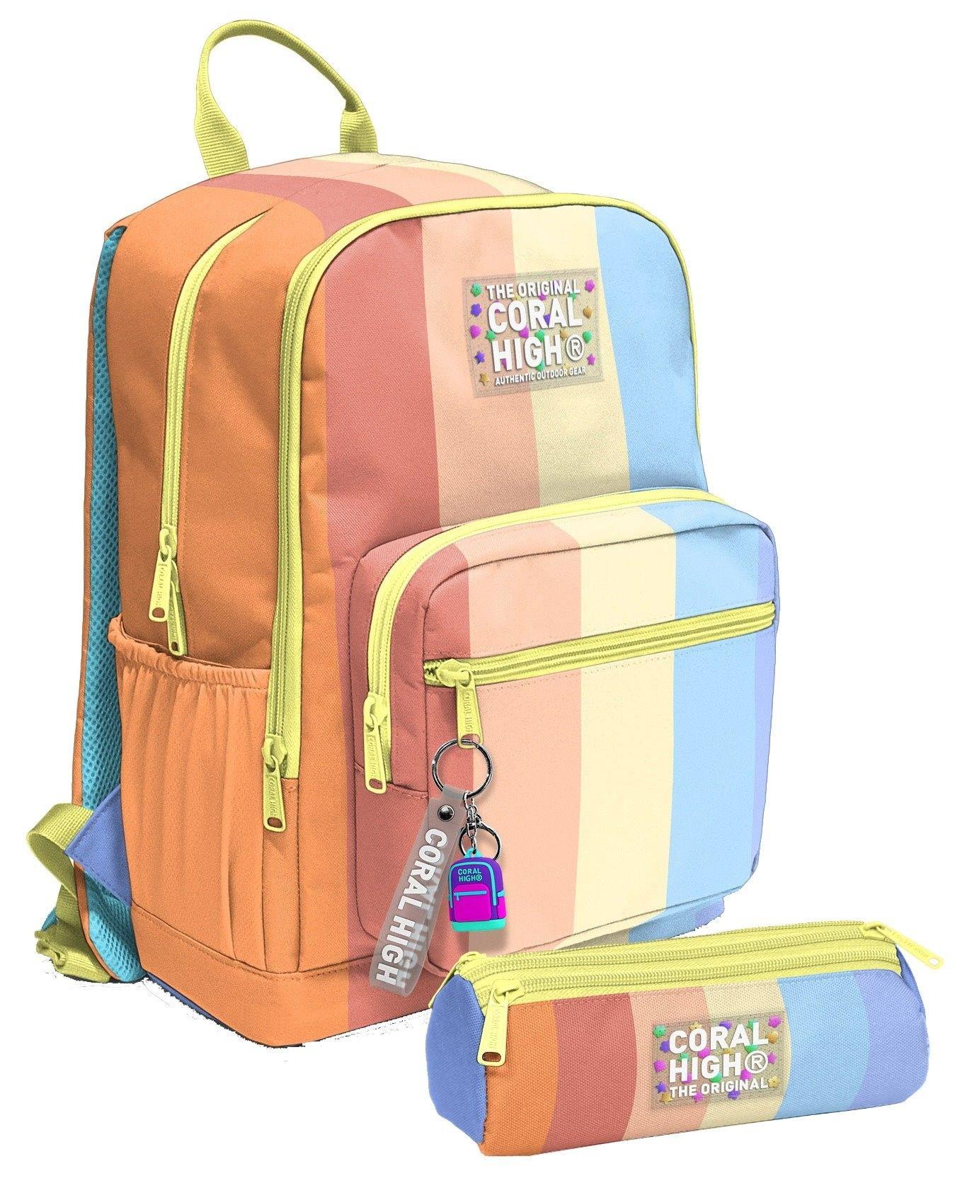 Coral High Kız Çocuk Dört Gözlü Okul Sırt Çantası ve  Kalemlik Seti - Turuncu Sarı Mavi Renkli Çizgili - İlkokul ve Ortaokul İçin Uygun