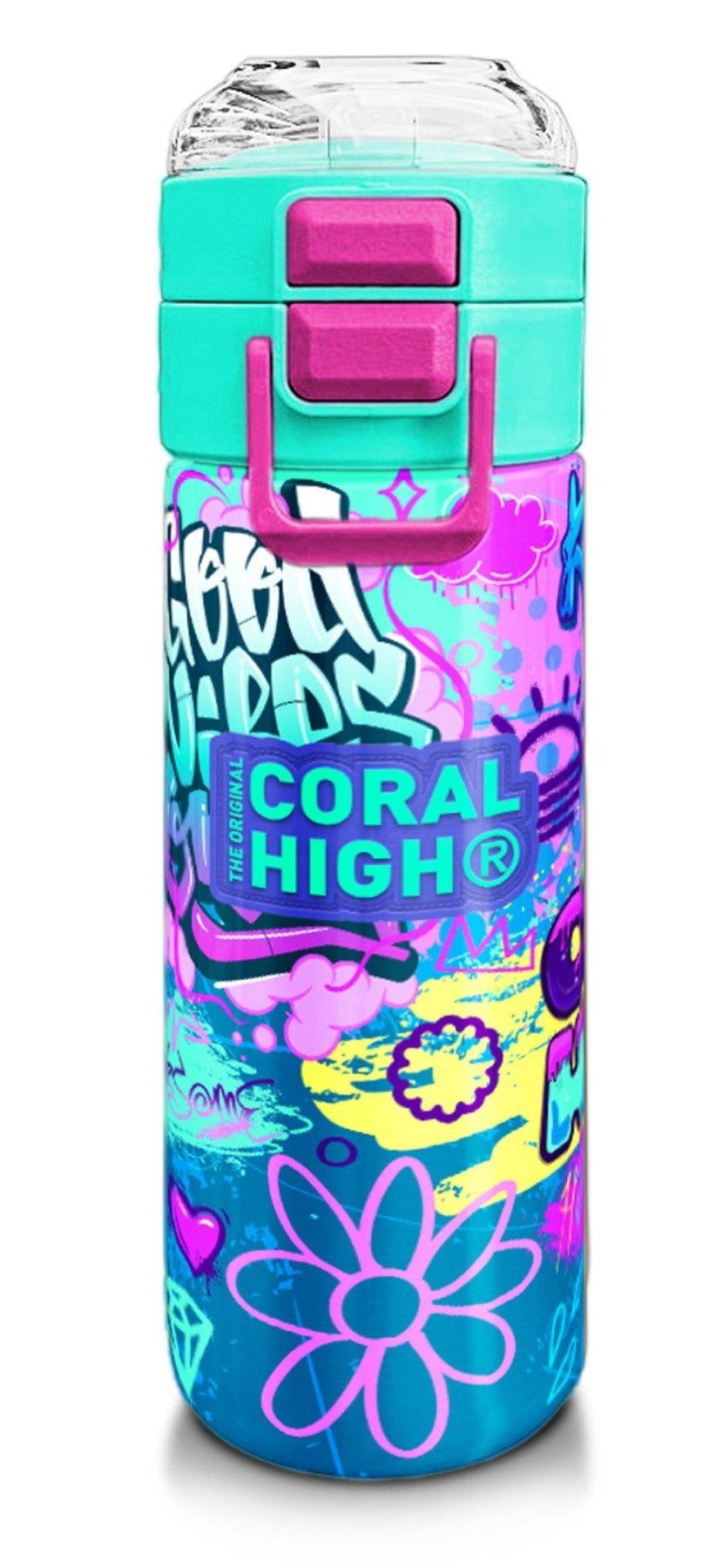 Coral High Kız Çocuk İçin 500 ml'lik Paslanmaz Çelik Termos/Suluk - Lavanta Su Yeşili Grafiti Desenli 31971