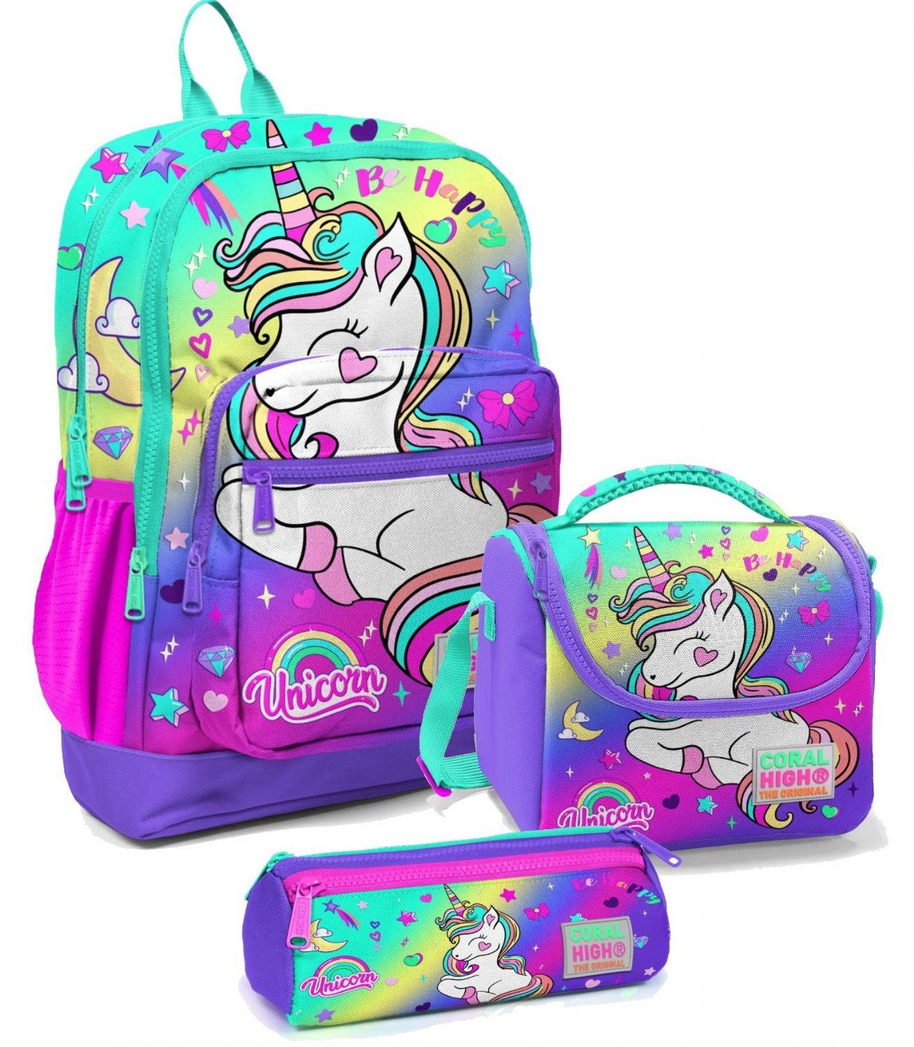 Coral High Kız Çocuk İlkokul Çantası Seti - Su Yeşili Lavanta Unicorn