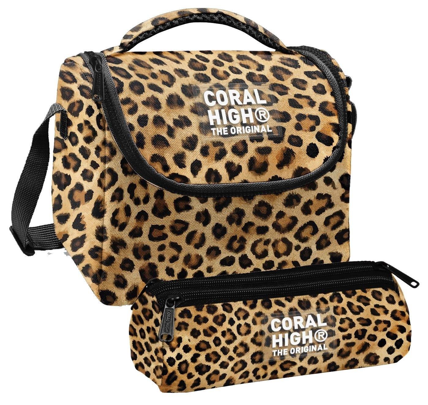Coral High Kız Çocuk Kahverengi Leopar Thermo Beslenme Çantası ve Üç Bölmeli Kalem Çantası Seti