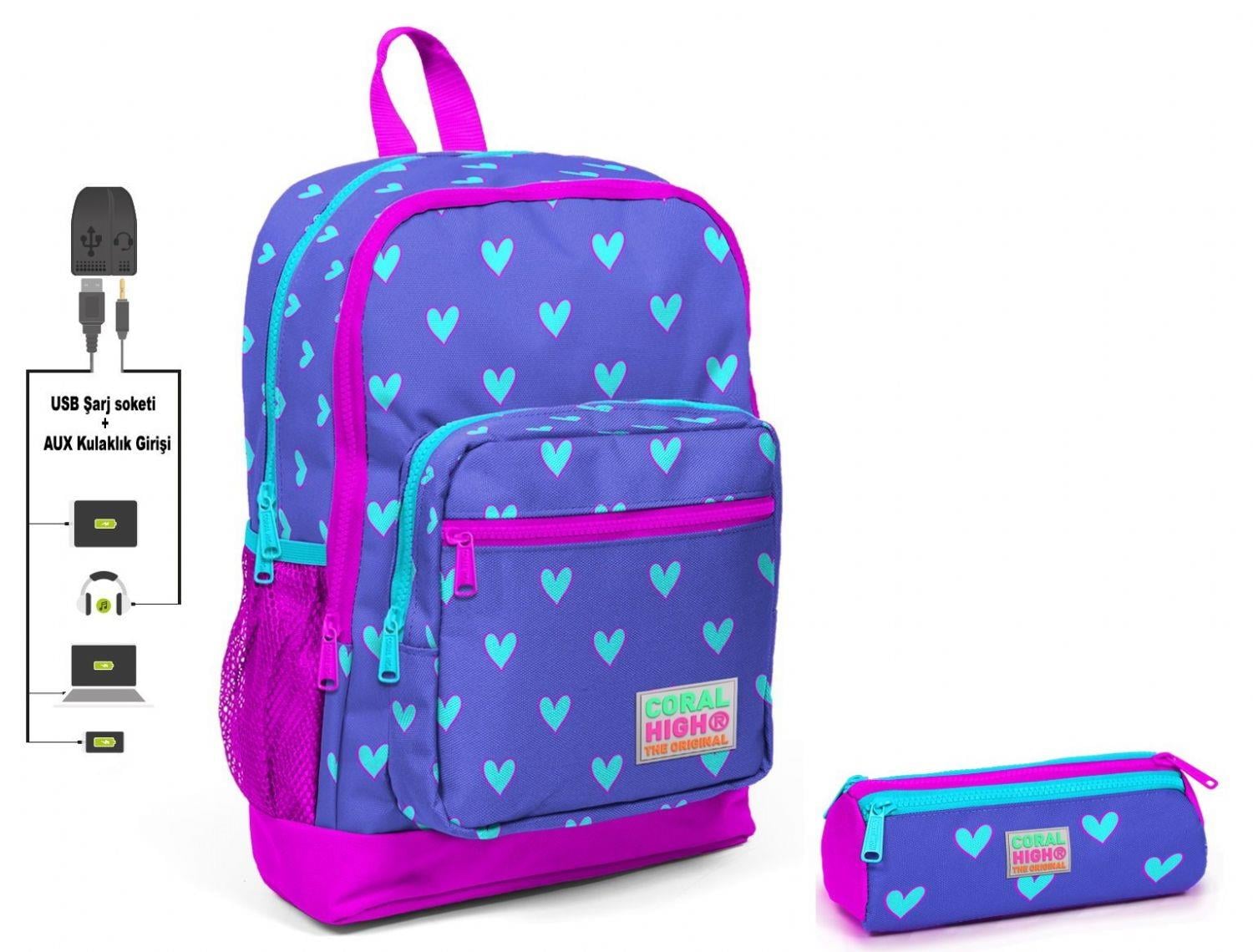 Coral High Kız Çocuk Kalp Baskılı İlkokul Sırt Çantası ve Kalemlik Seti - USB Soketli