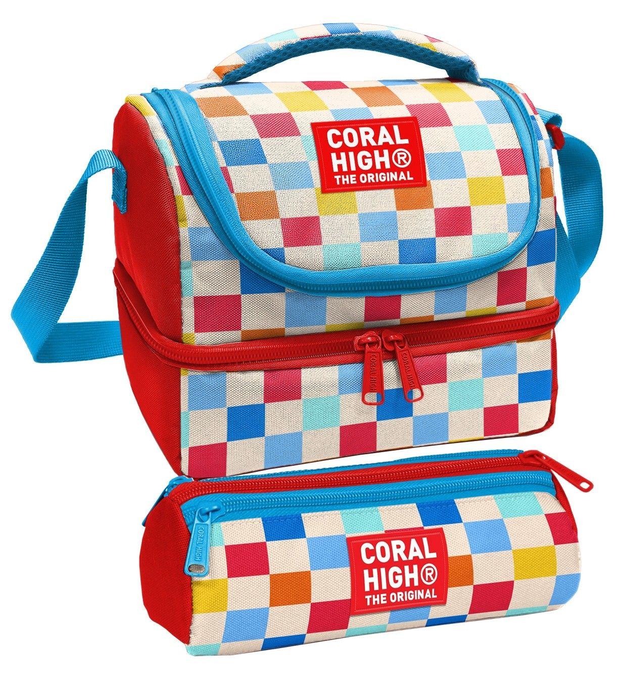 Coral High Kız Çocuk Kırmızı Çok Renkli Dama Desenli İki Katlı Beslenme Çantası ve Kalemlik Seti (37205+31025)