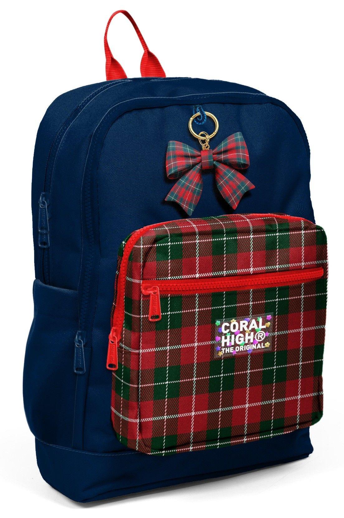 Coral High Kız Çocuk Lacivert Kırmızı Ekosa Desenli İlkokul Sırt Çantası (Dört Bölme) 33207