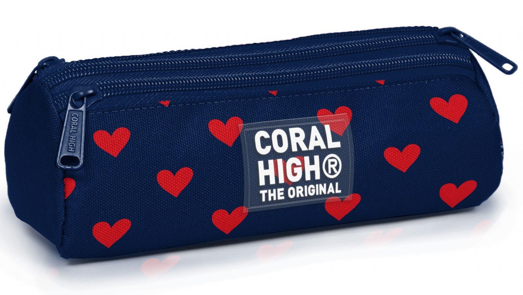 Coral High Kız Çocuk Lacivert Kırmızı Kalp Desenli Üç Gözlü Okul Kalem Çantası 31029
