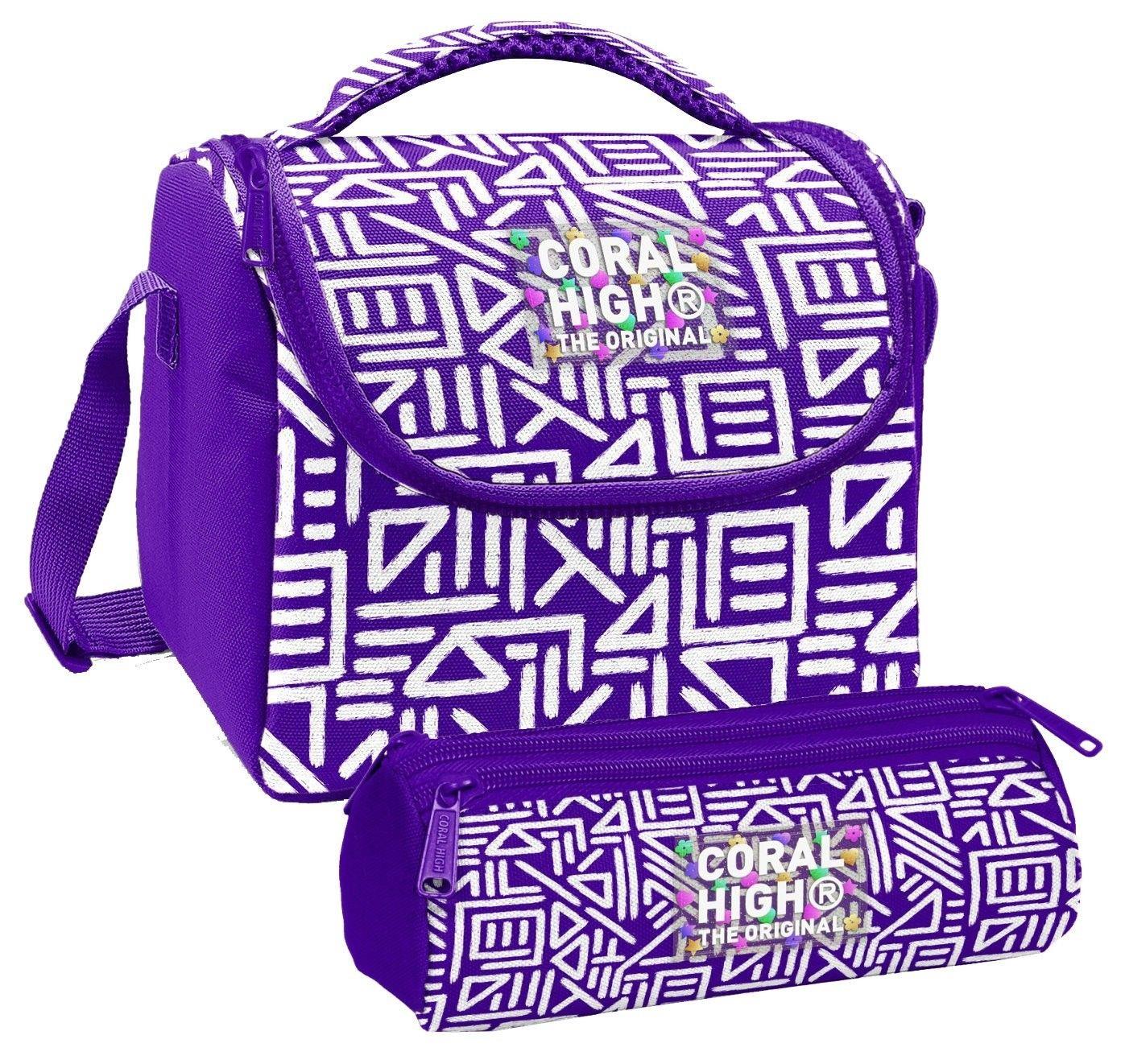 Coral High Kız Çocuk Mor Beyaz Geometrik Şekiller Thermo Beslenme Çantası ve Üç Bölmeli Kalem Çantası Seti