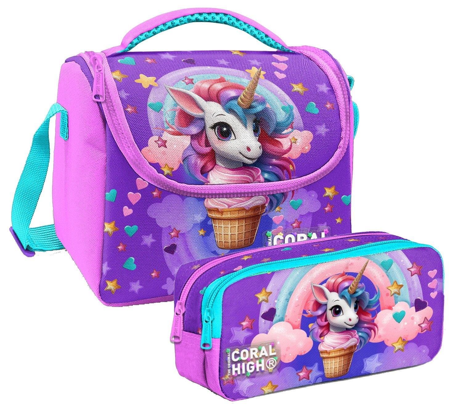 Coral High Kız Çocuk Mor Pembe Dondurma Unicorn Thermo Beslenme Çantası ve İki Bölmeli Kalemlik Seti