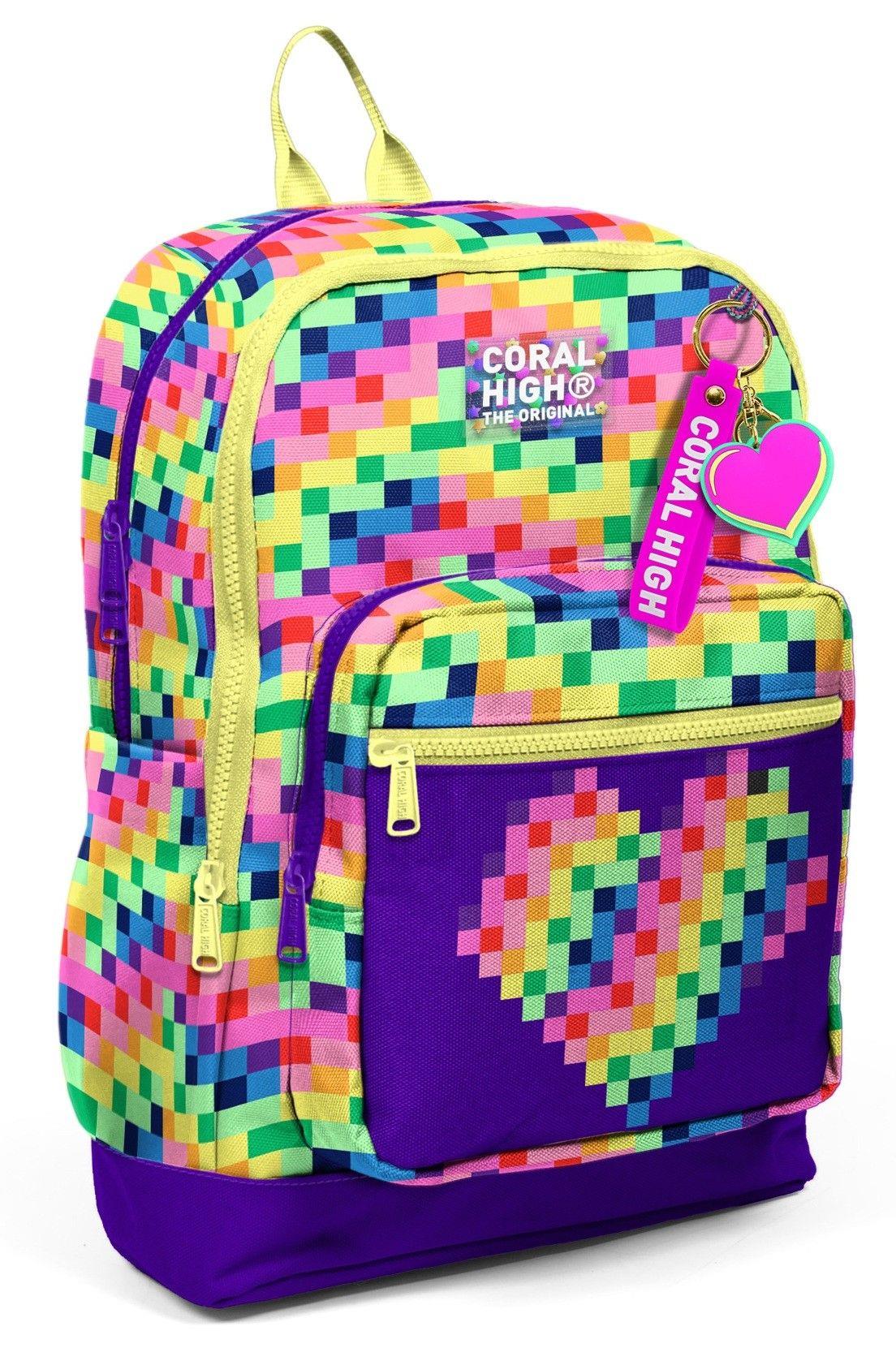 Coral High Kız Çocuk Mor Piksel Kalp Desenli İlkokul Sırt Çantası (Dört Bölme) 33208