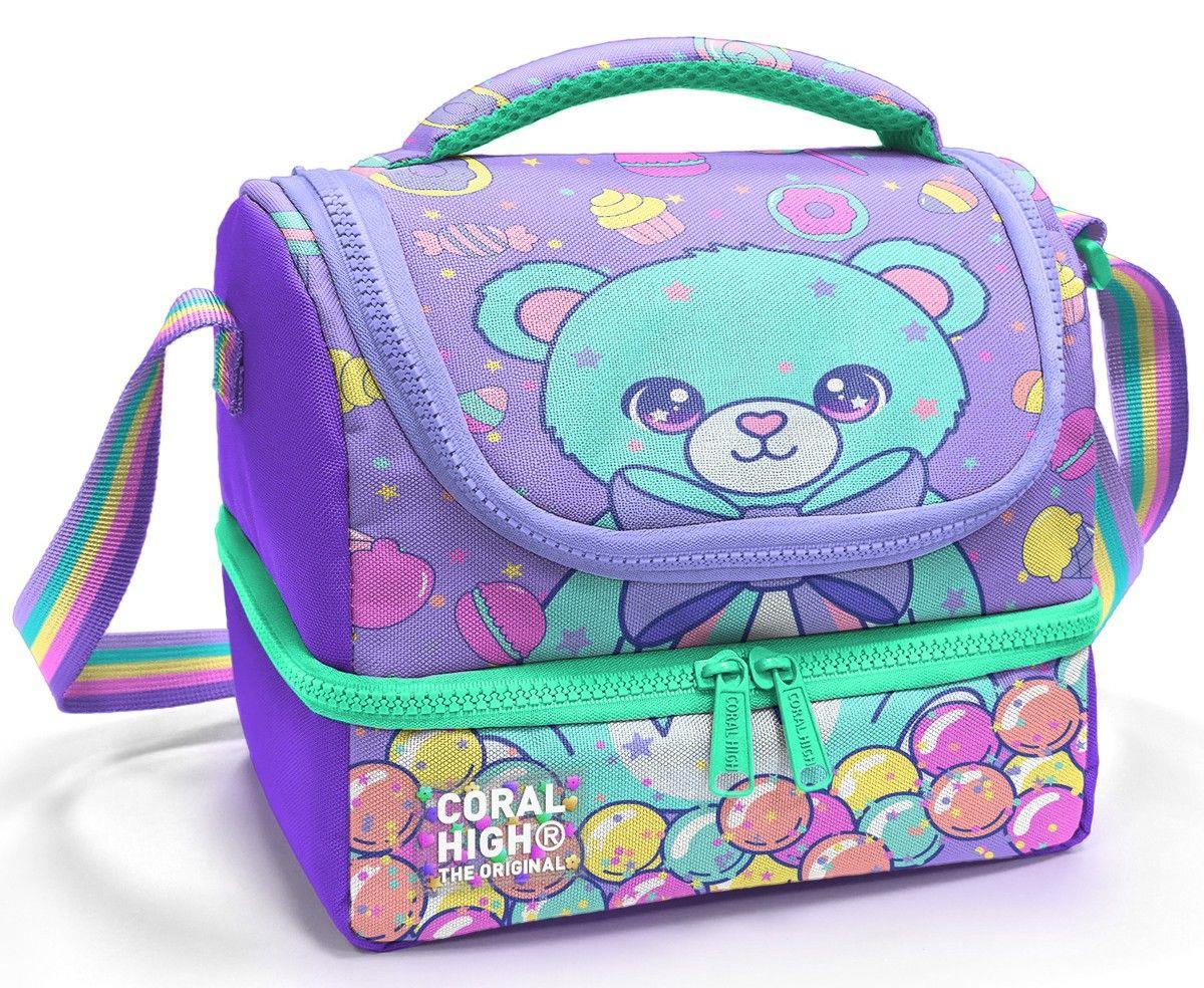 Coral High Kız Çocuk Mor Yeşil Ayıcık Desenli İki Katlı Okul Beslenme Çantası 37202