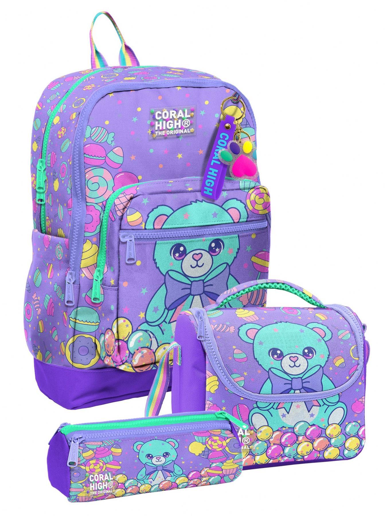 Coral High Kız Çocuk Mor Yeşil Ayıcık Desenli Üçlü İlkokul Okul Çanta Seti SETYGN33205A