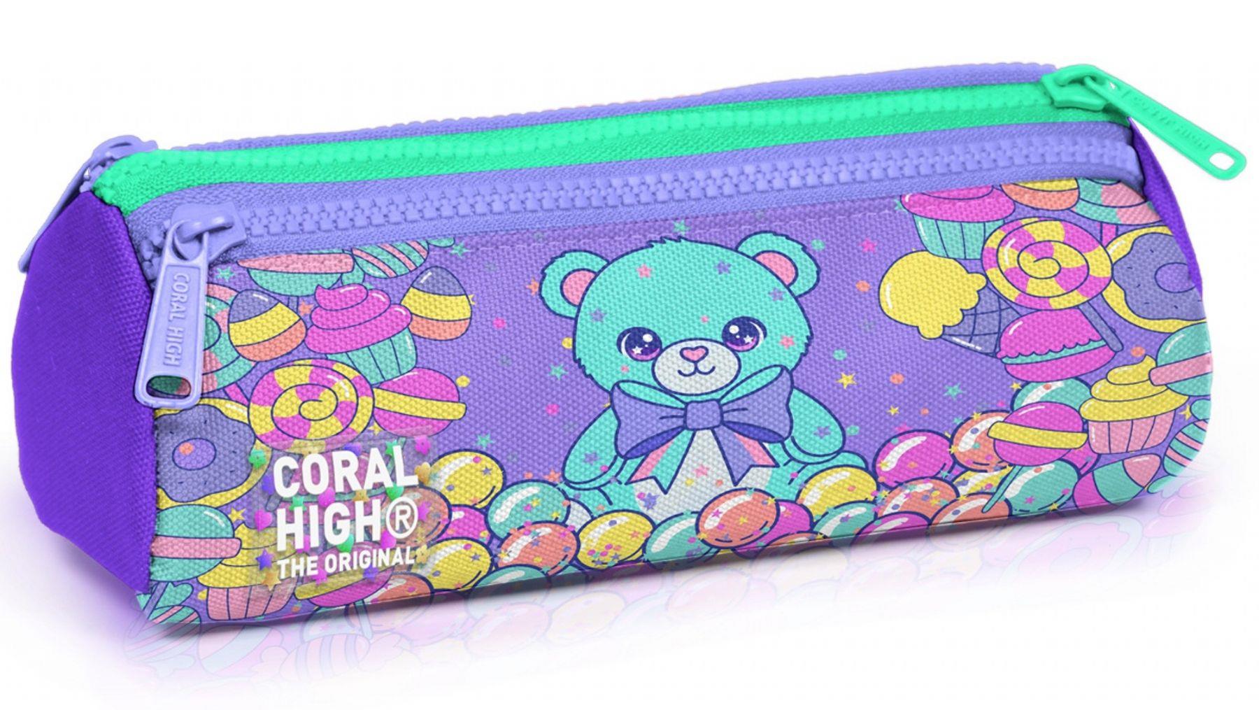 Coral High Kız Çocuk Mor Yeşil Ayıcık Desenli Üç Gözlü Okul Kalem Çantası 31005