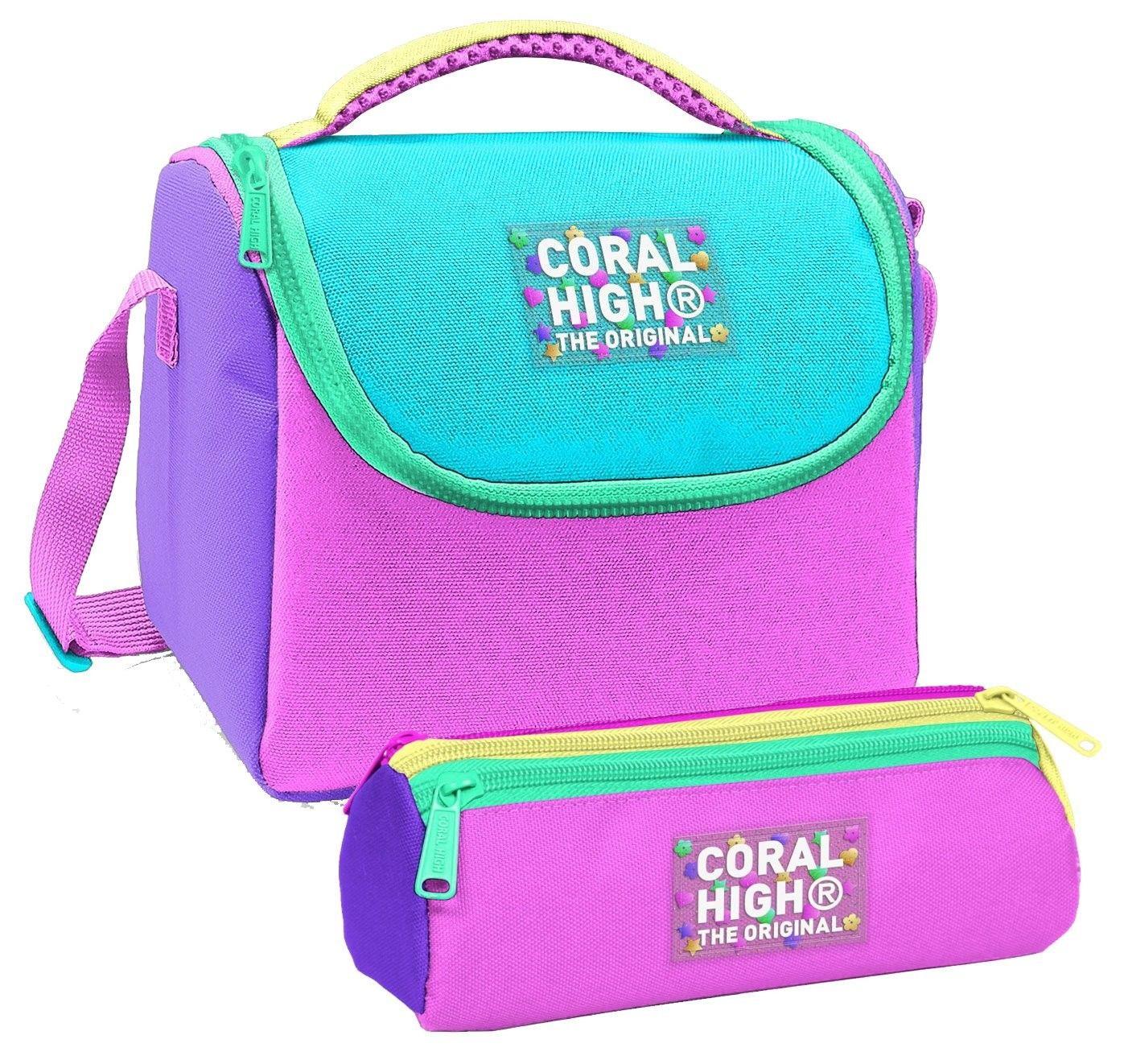 Coral High Kız Çocuk Mor Yeşil Pembe Çok Renkli Thermo Beslenme Çantası ve Üç Bölmeli Kalemlik Seti