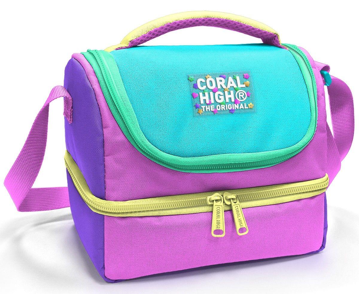 Coral High Kız Çocuk Mor Yeşil Pembe Çok Renkli İki Katlı Okul Beslenme Çantası 37215