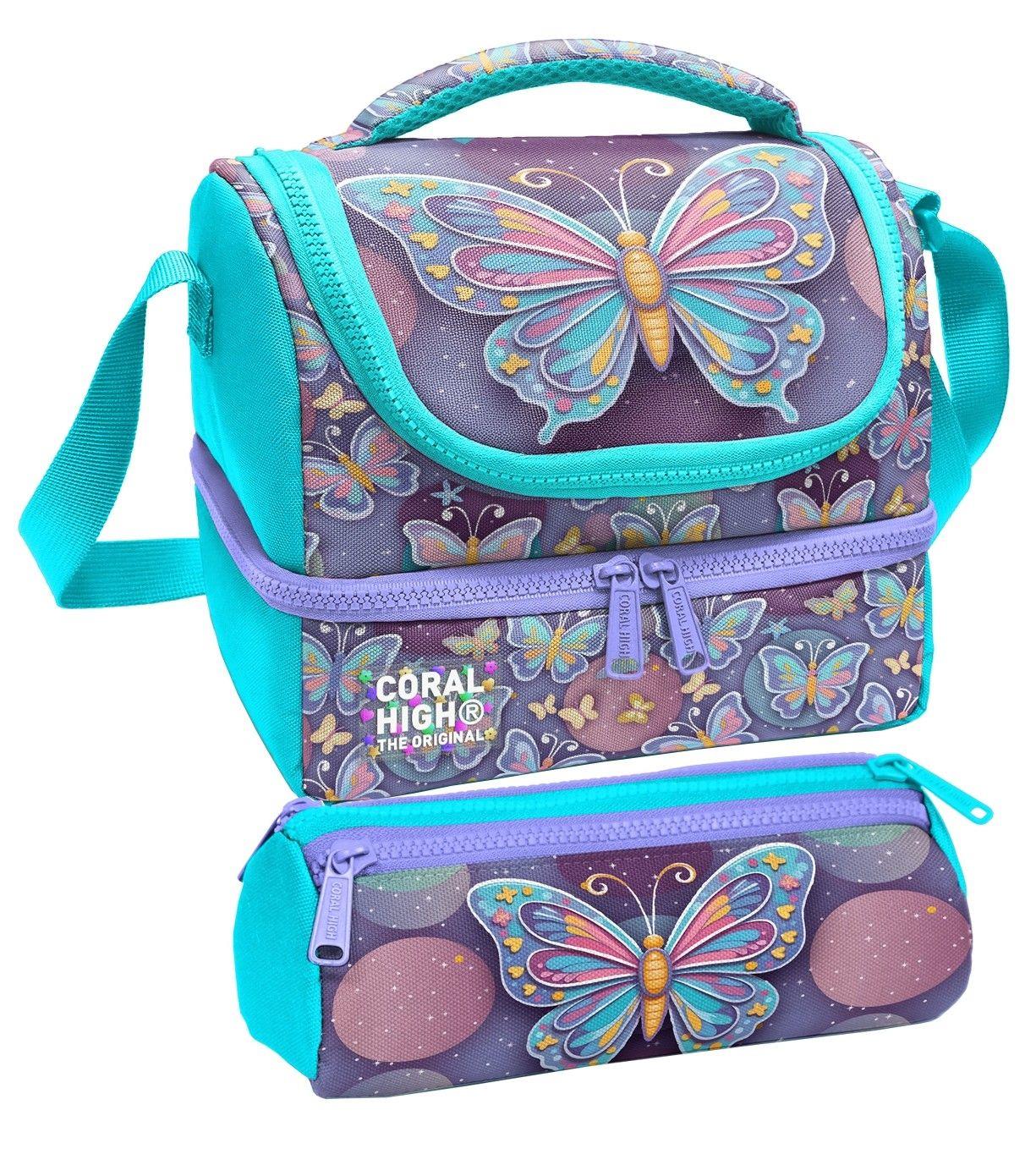 Coral High Kız Çocuk Pastel Renkli Kelebek Desenli İki Katlı Beslenme Çantası ve Kalemlik Seti (37203+31006)