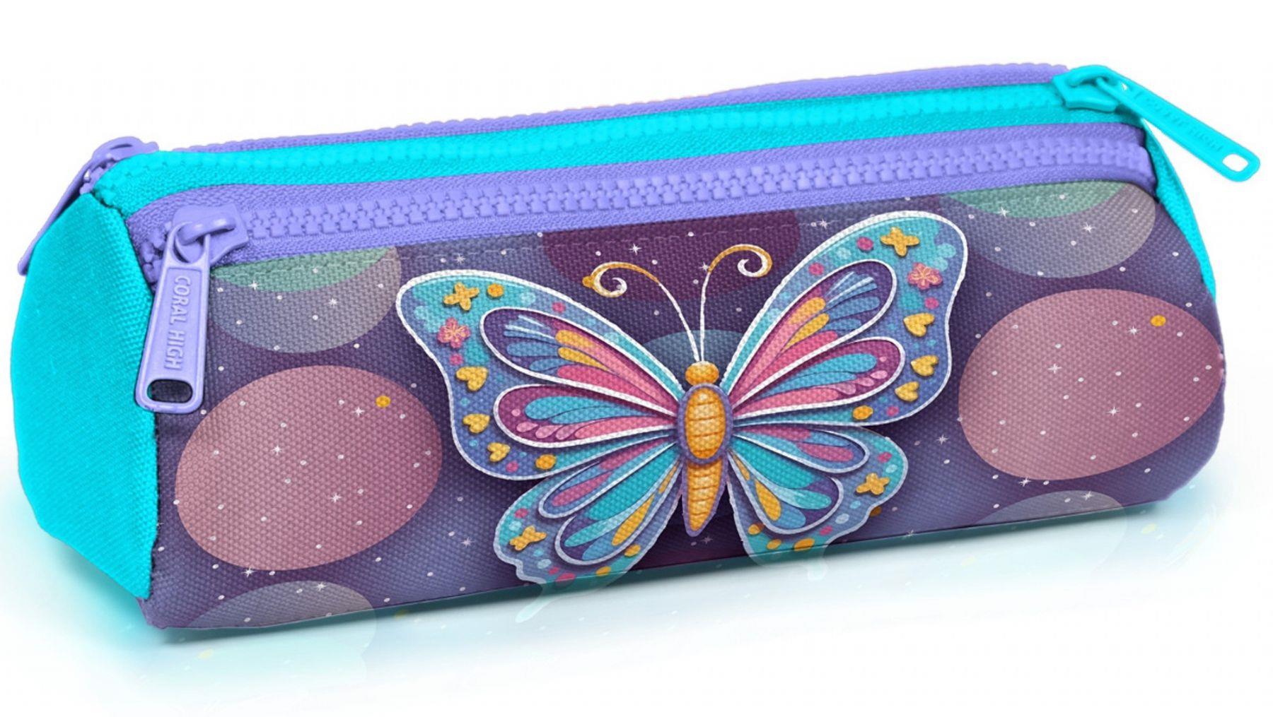 Coral High Kız Çocuk Pastel Renkli Kelebek Desenli Üç Gözlü Okul Kalem Çantası 31006