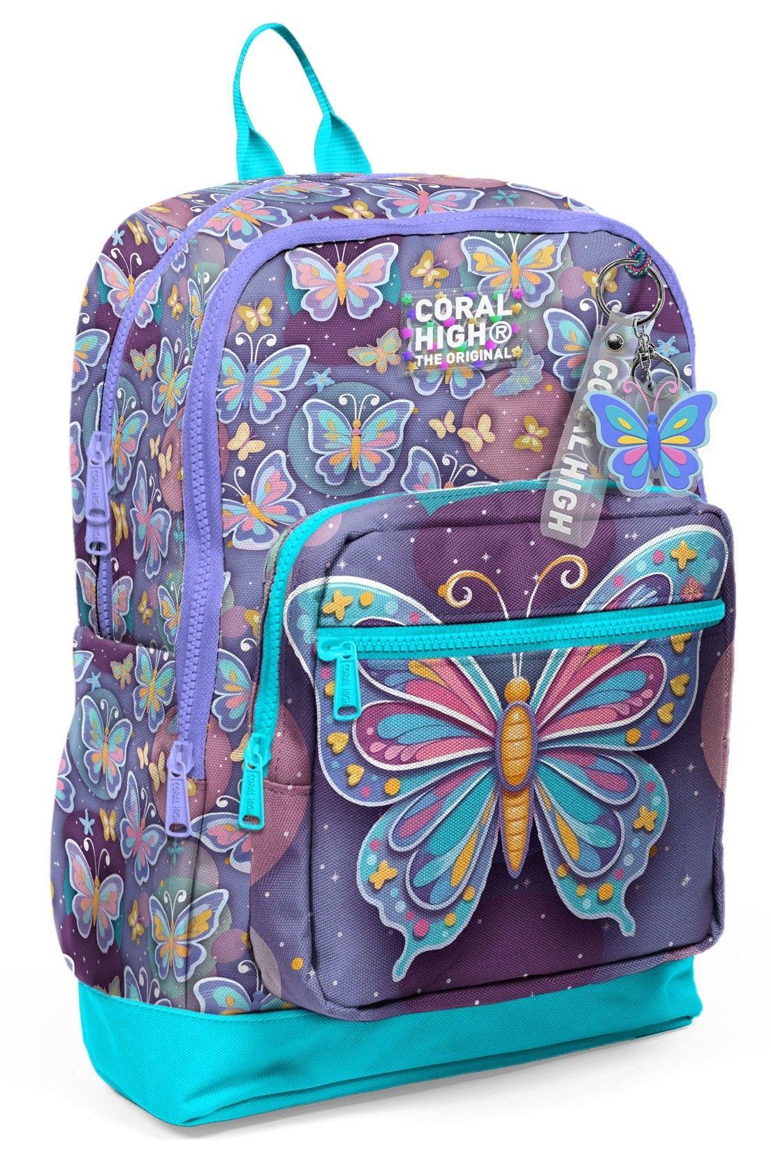 Coral High Kız Çocuk Pastel Renkli Kelebek Desenli İlkokul Sırt Çantası (Dört Bölme) 33206