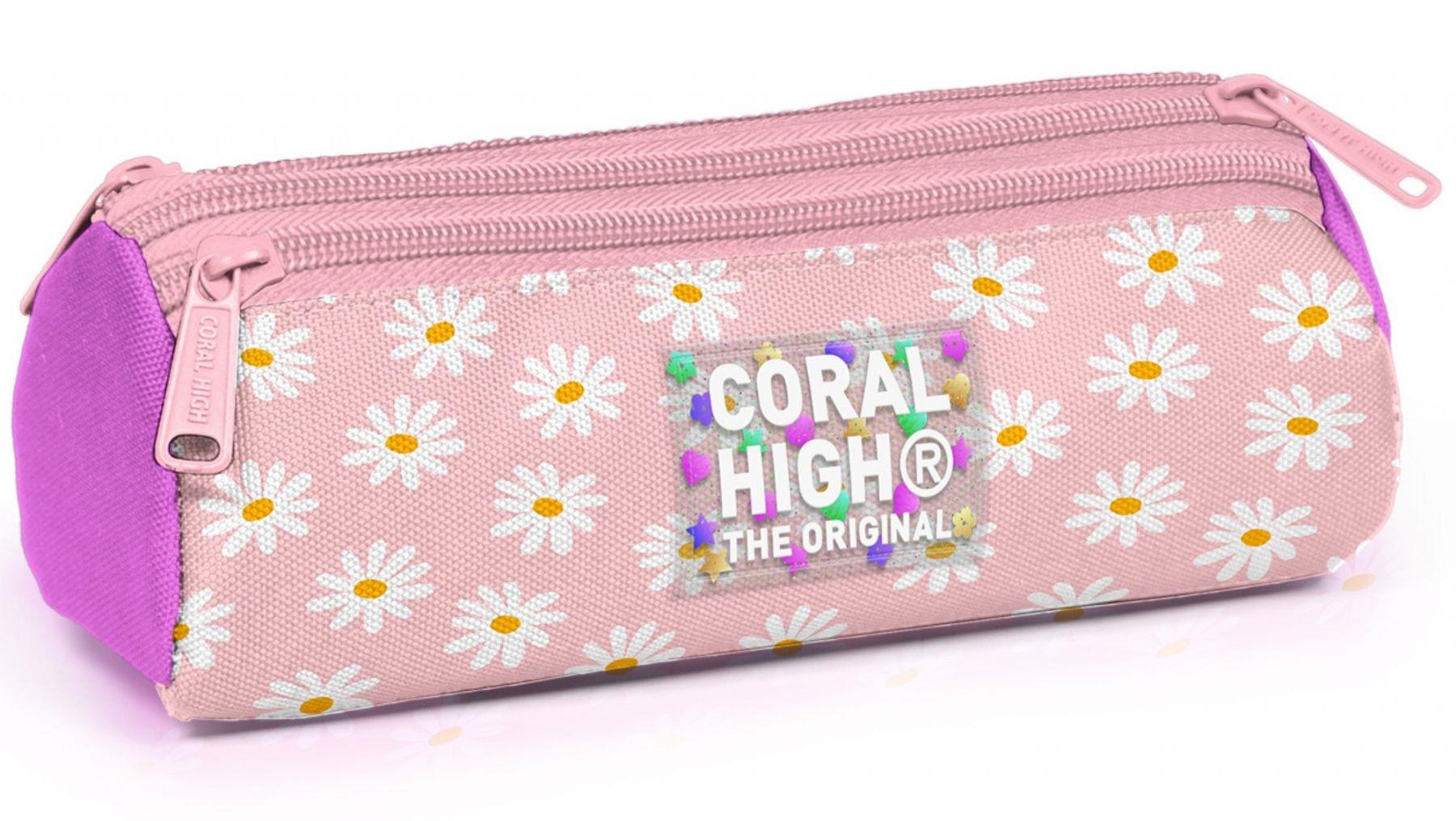 Coral High Kız Çocuk Pembe Beyaz Papatya Desenli Üç Gözlü Okul Kalem Çantası 31024