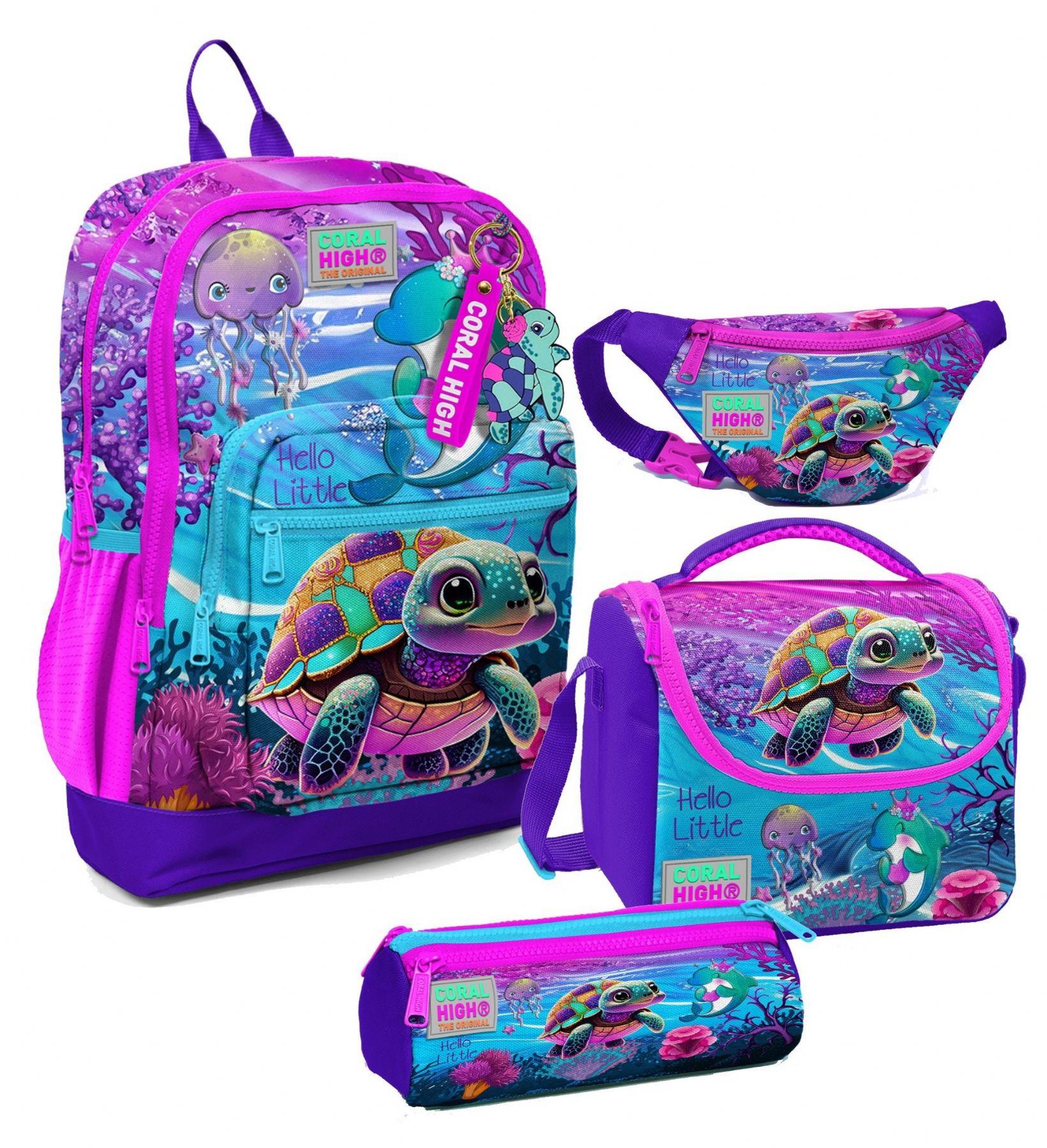Coral High Kız Çocuk Pembe Mor Kaplumbağa Desenli İlkokul Okul Çanta Seti ve Bel Çantası