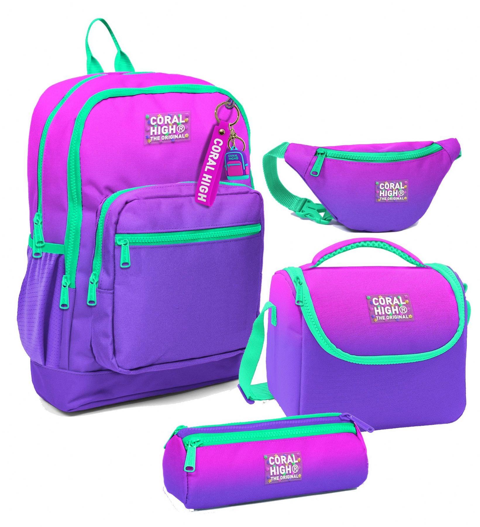 Coral High Kız Çocuk Pembe Mor Renk Geçişli Desenli İlkokul Okul Çanta Seti ve Bel Çantası