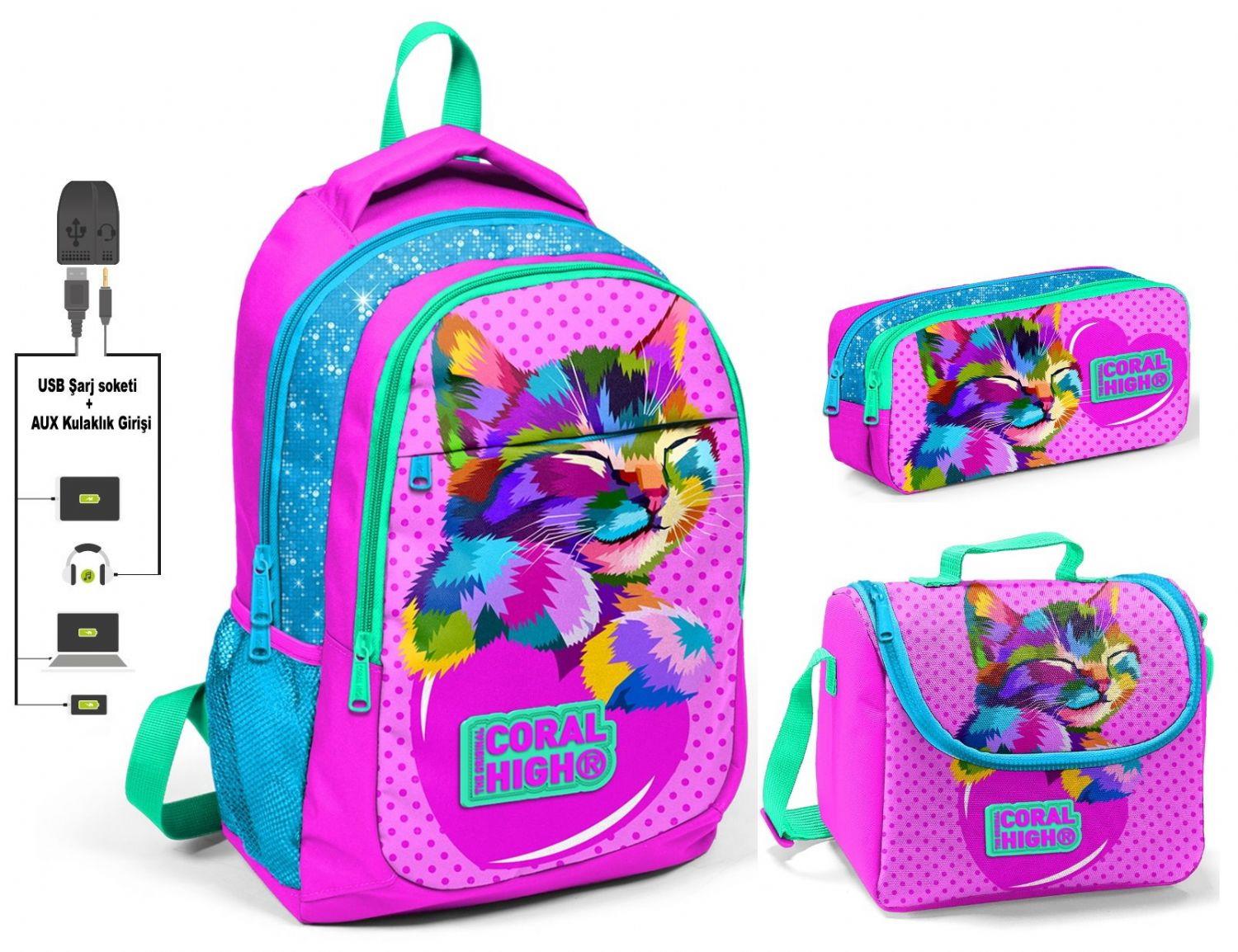 Coral High Kız Çocuk Pembe Sevimli Kedi 3'lü Çanta Takımı - USB Soketli