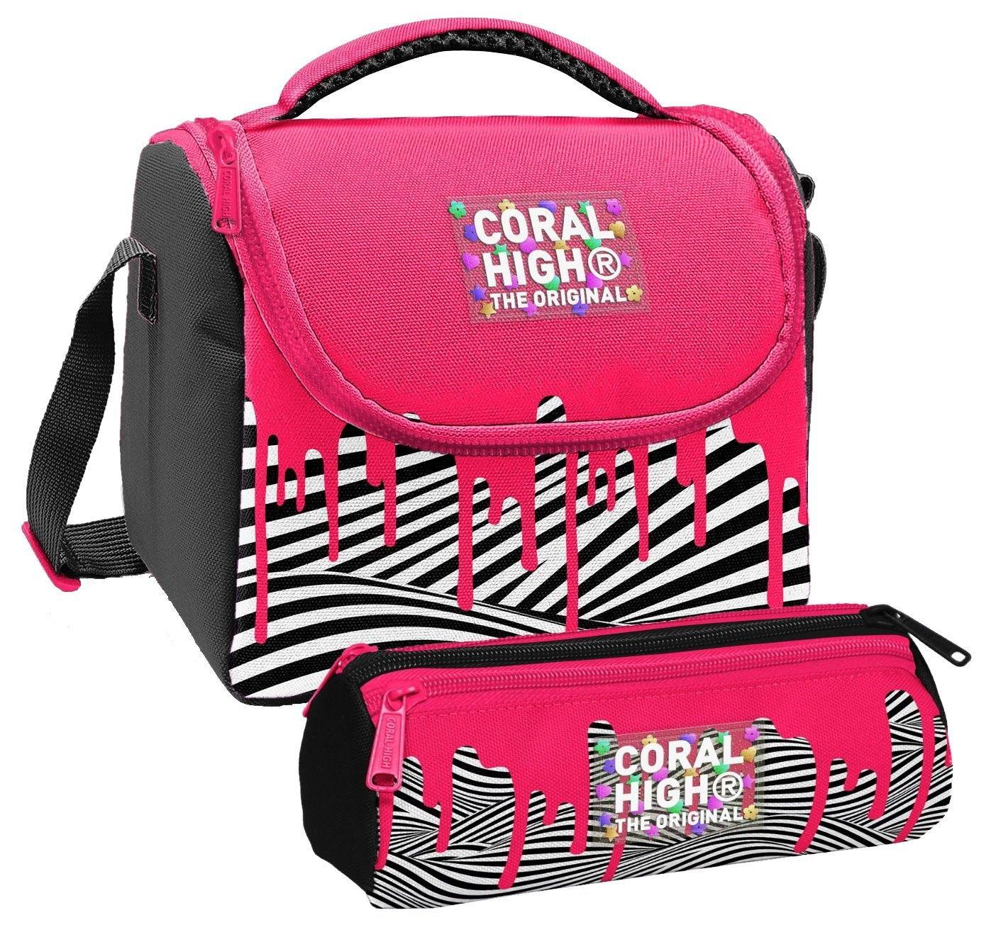 Coral High Kız Çocuk Pembe Siyah Beyaz Boya Desenli Thermo Beslenme Çantası ve Üç Bölmeli Kalemlik Seti