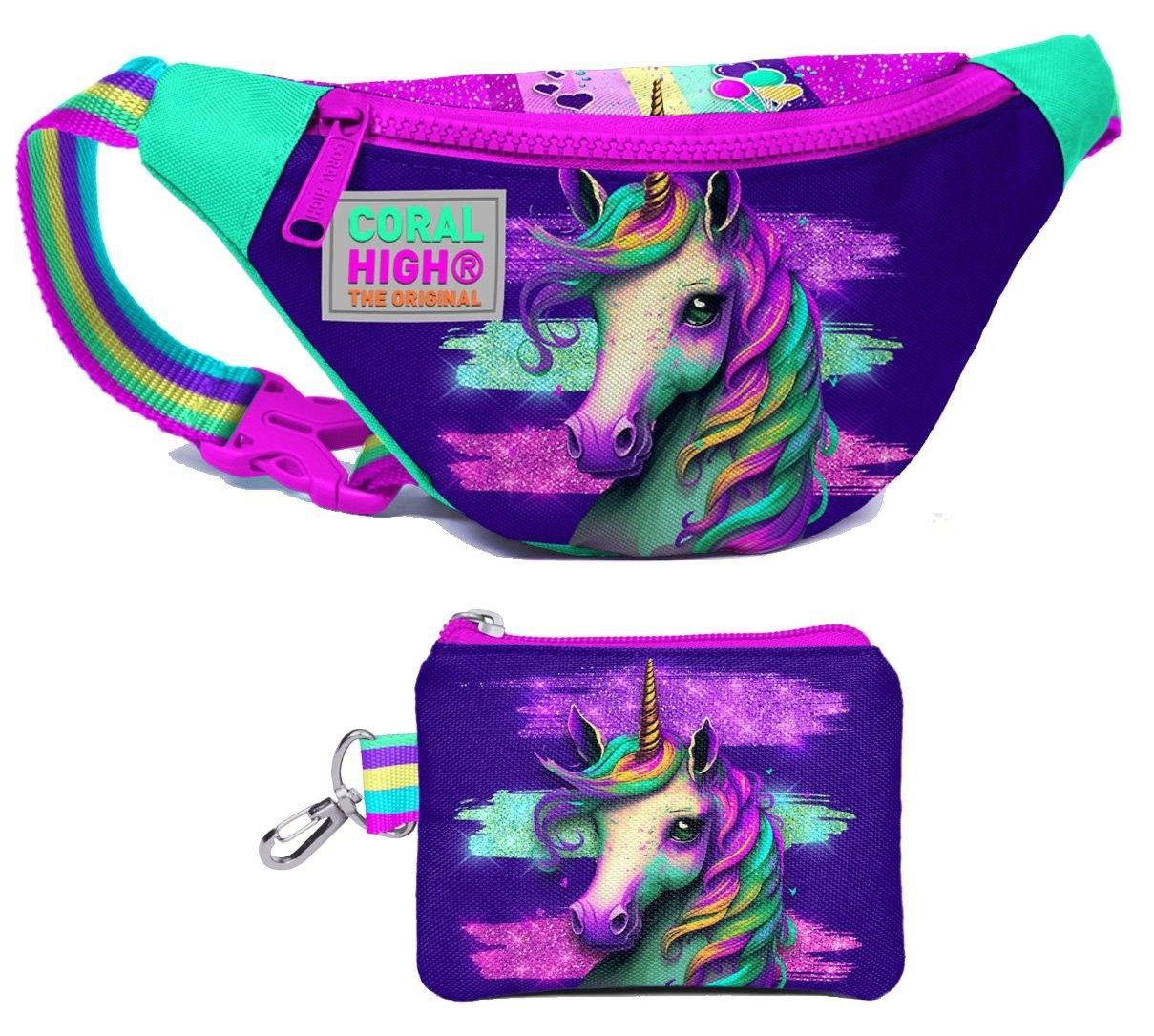 Coral High Kız Çocuk Pembe Su Yeşili Unicorn Desenli Bel Çantası ve Bozuk Para Cüzdanı Set
