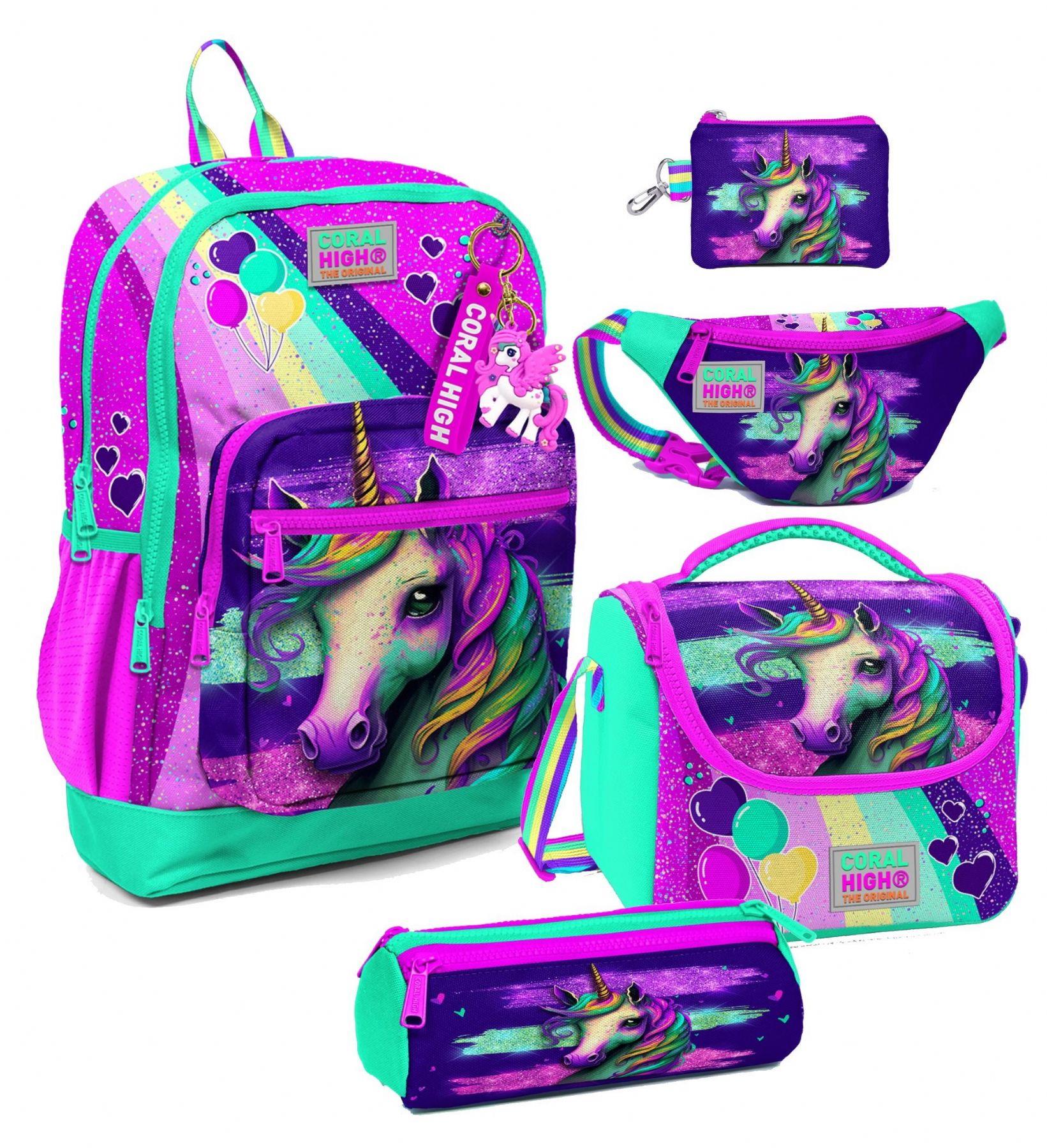 Coral High Kız Çocuk Pembe Su Yeşili Unicorn Desenli Beşli İlkokul Okul Çanta Seti