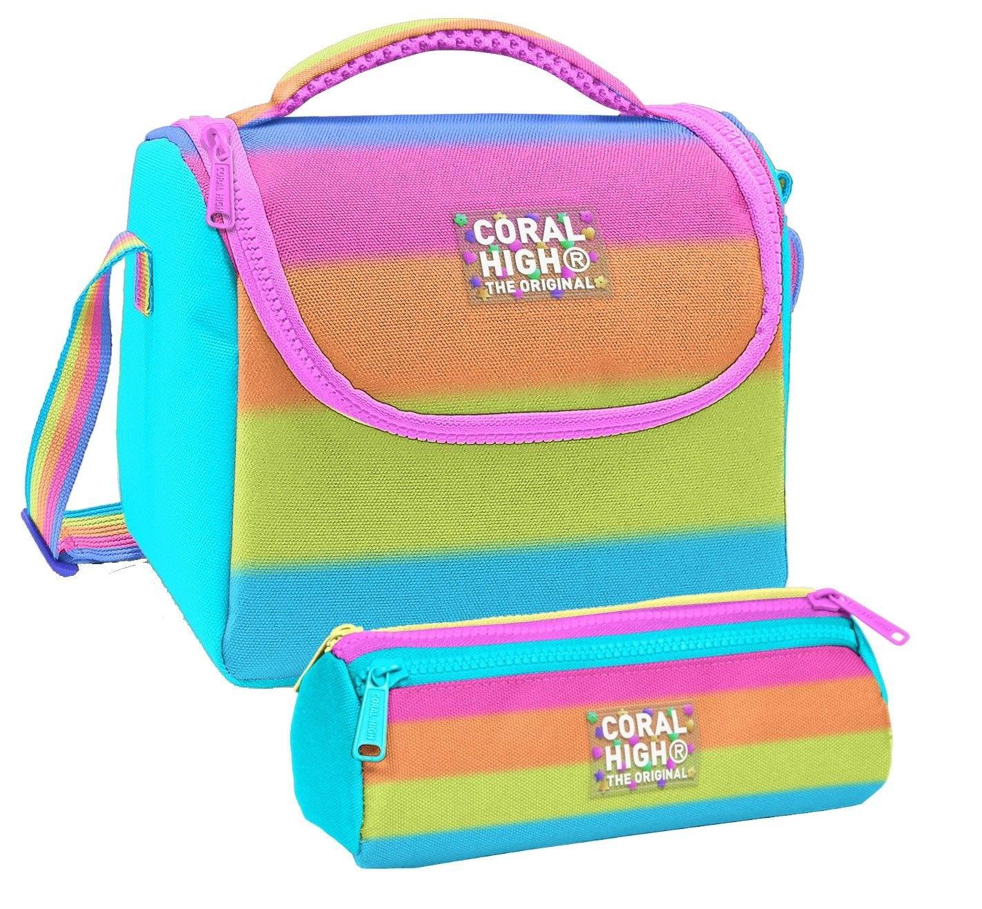 Coral High Kız Çocuk Pembe Turuncu Renk Geçişli Thermo Beslenme Çantası ve Üç Bölmeli Kalemlik Seti