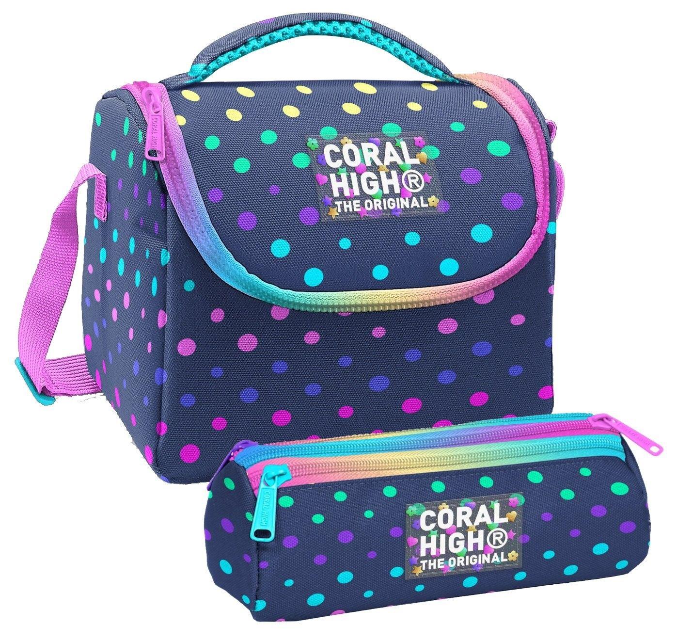 Coral High Kız Çocuk Puantiyeli Lacivert Thermo Beslenme Çantası ve Üç Bölmeli Kalemlik Seti
