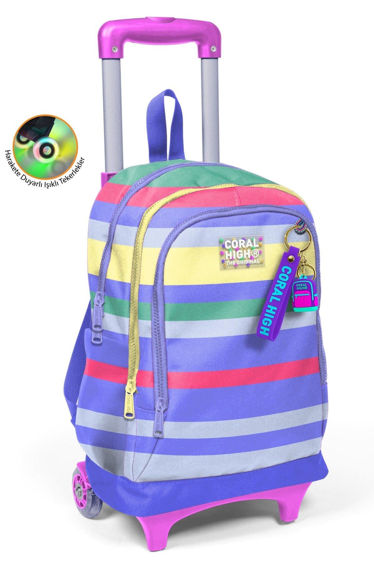 Coral High Kız Çocuk Renkli Çizgi Desenli Işıklı Tekerlekli Çekçek Okul Çantası - 34002