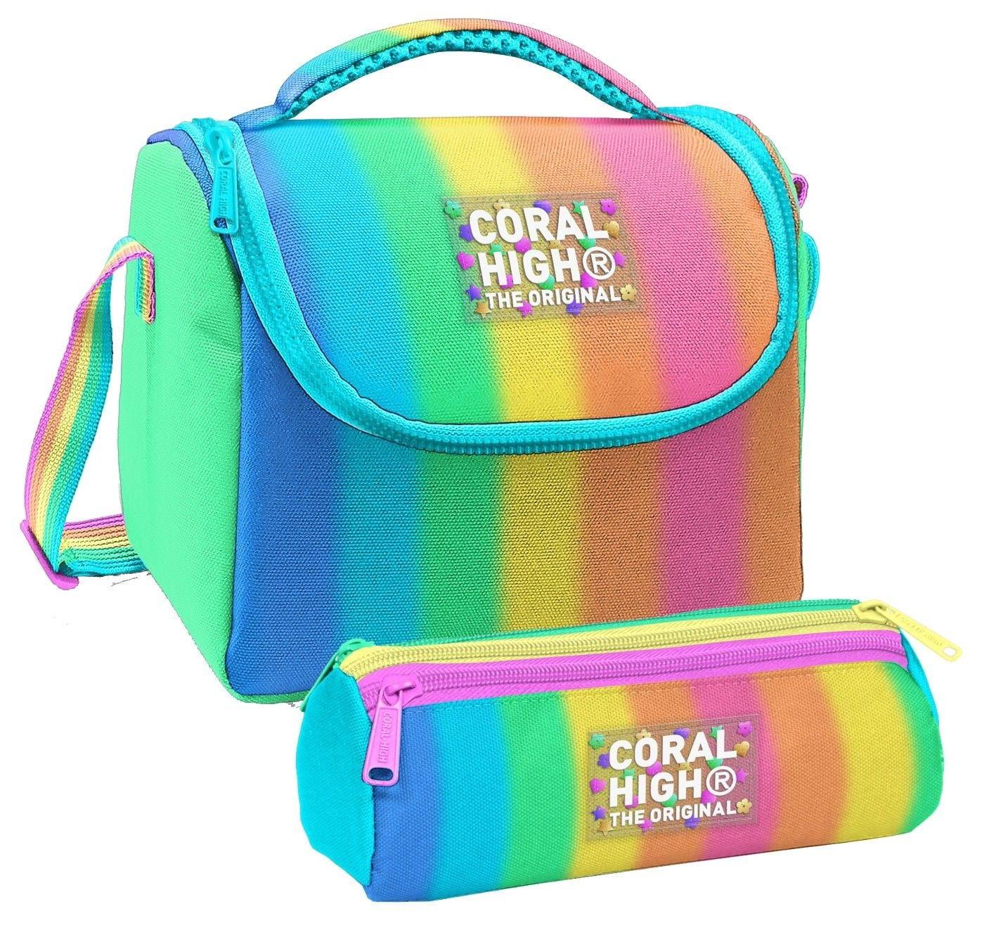 Coral High Kız Çocuk Renkli Çizgili Mavi Turuncu Thermo Beslenme Çantası ve Üç Bölmeli Kalemlik Seti