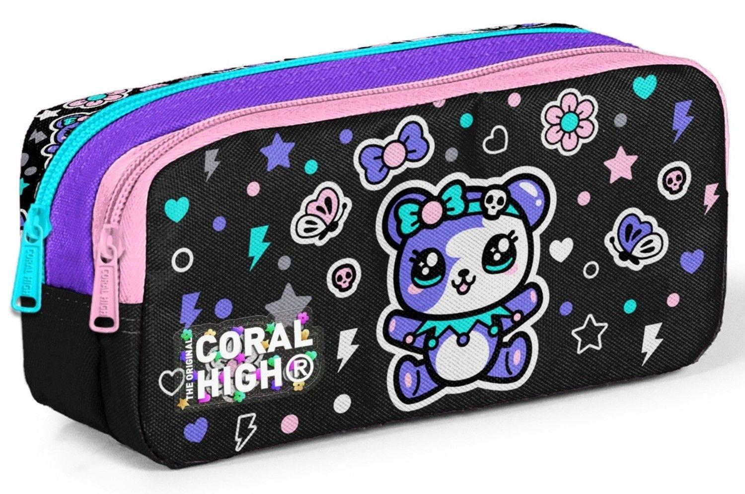 Coral High Kız Çocuk Siyah Mor Ayıcık Baskılı İki Bölmeli Kalem Çantası/Kalemlik 31042