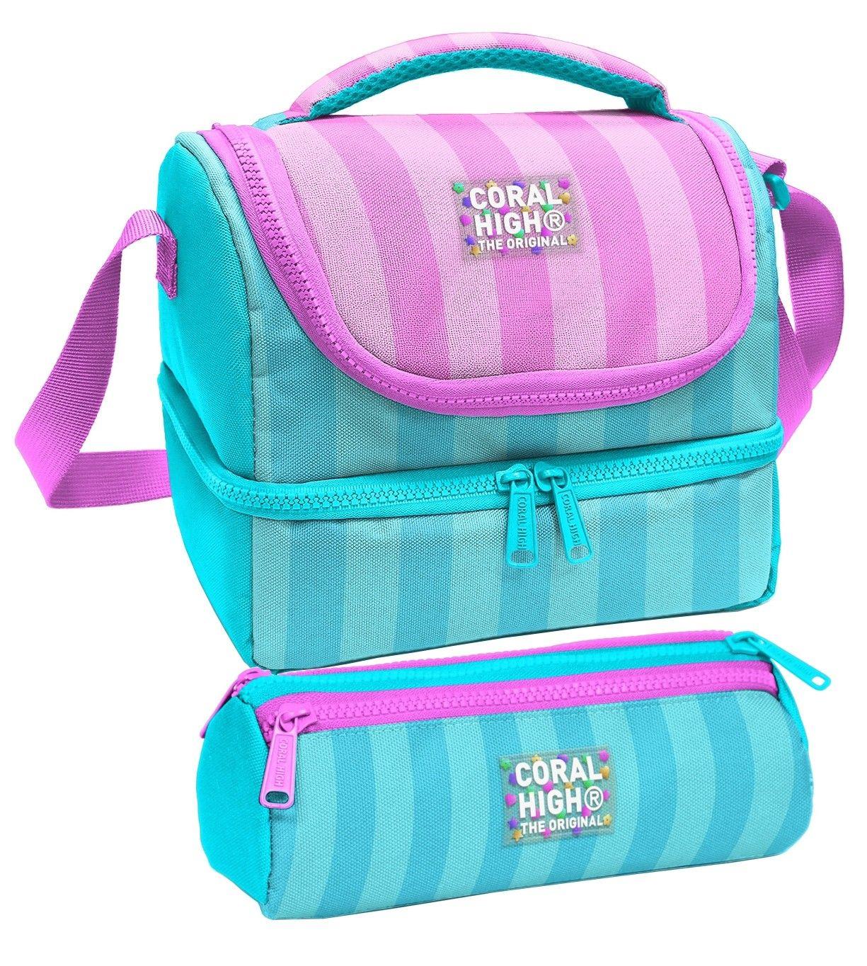 Coral High Kız Çocuk Turkuaz Pembe Çizgi Desenli İki Katlı Beslenme Çantası ve Kalemlik Seti (37213+22087)